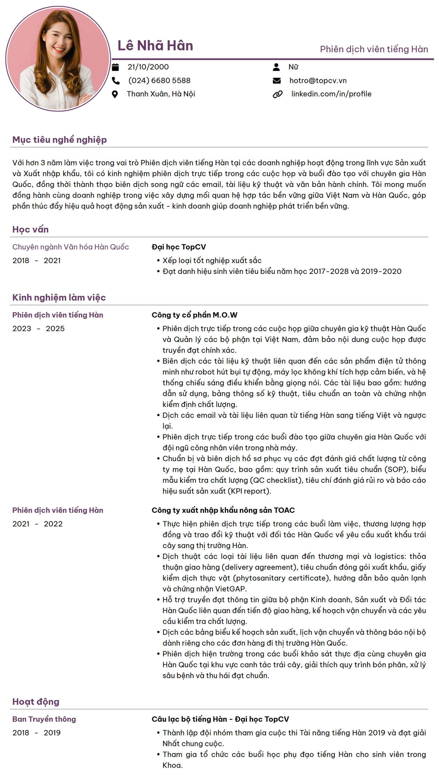 Tham khảo mẫu CV Biên phiên dịch Tiếng Hàn tại TopCV