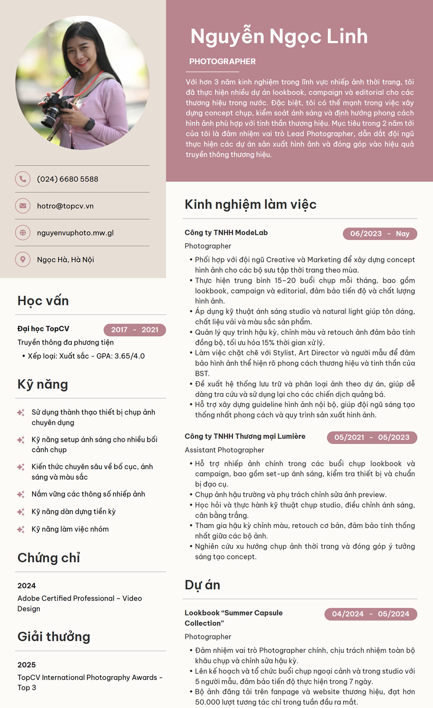 mẫu CV Photographer thanh lịch
