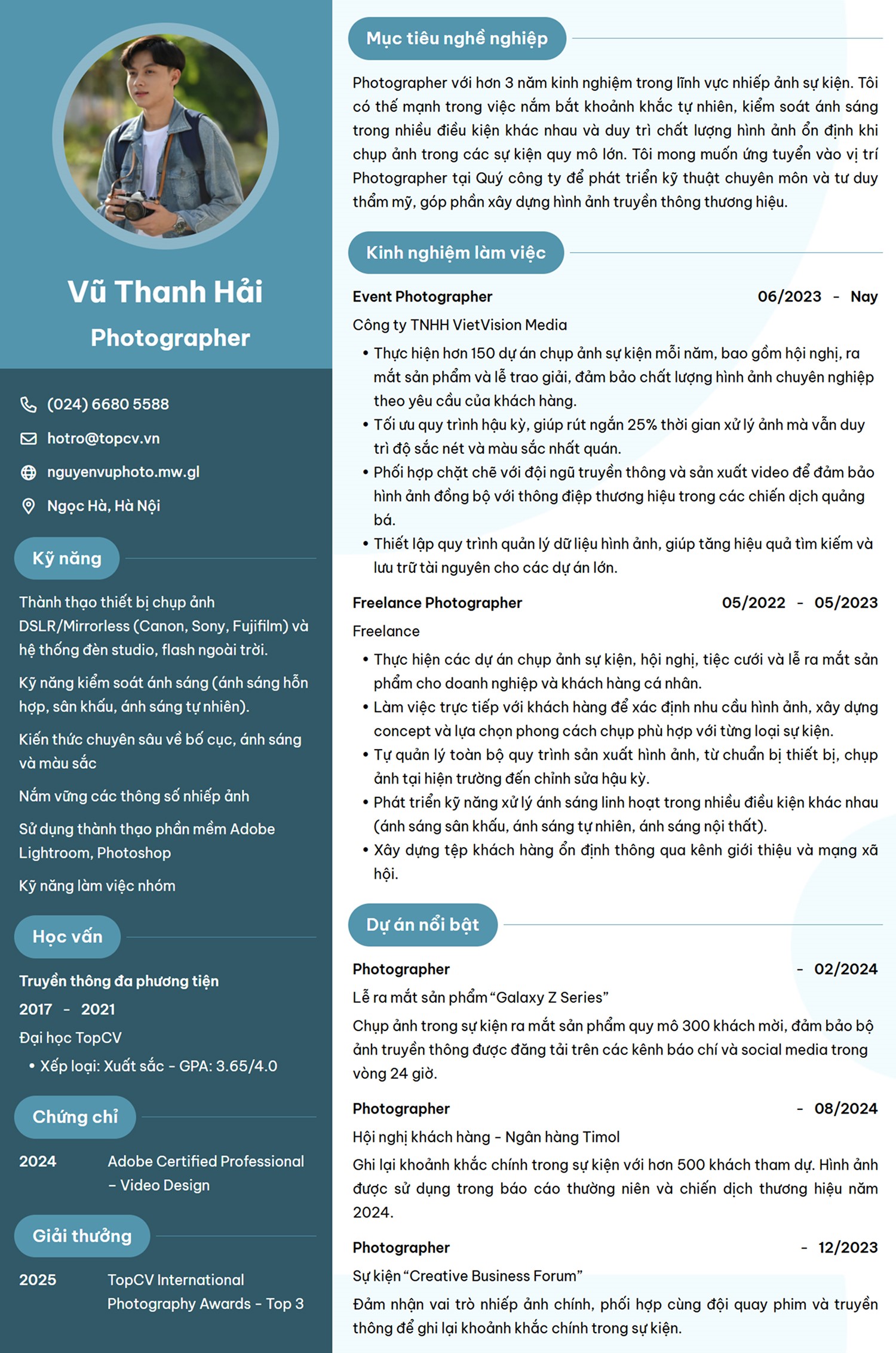 mẫu Photographer CV chuyên nghiệp