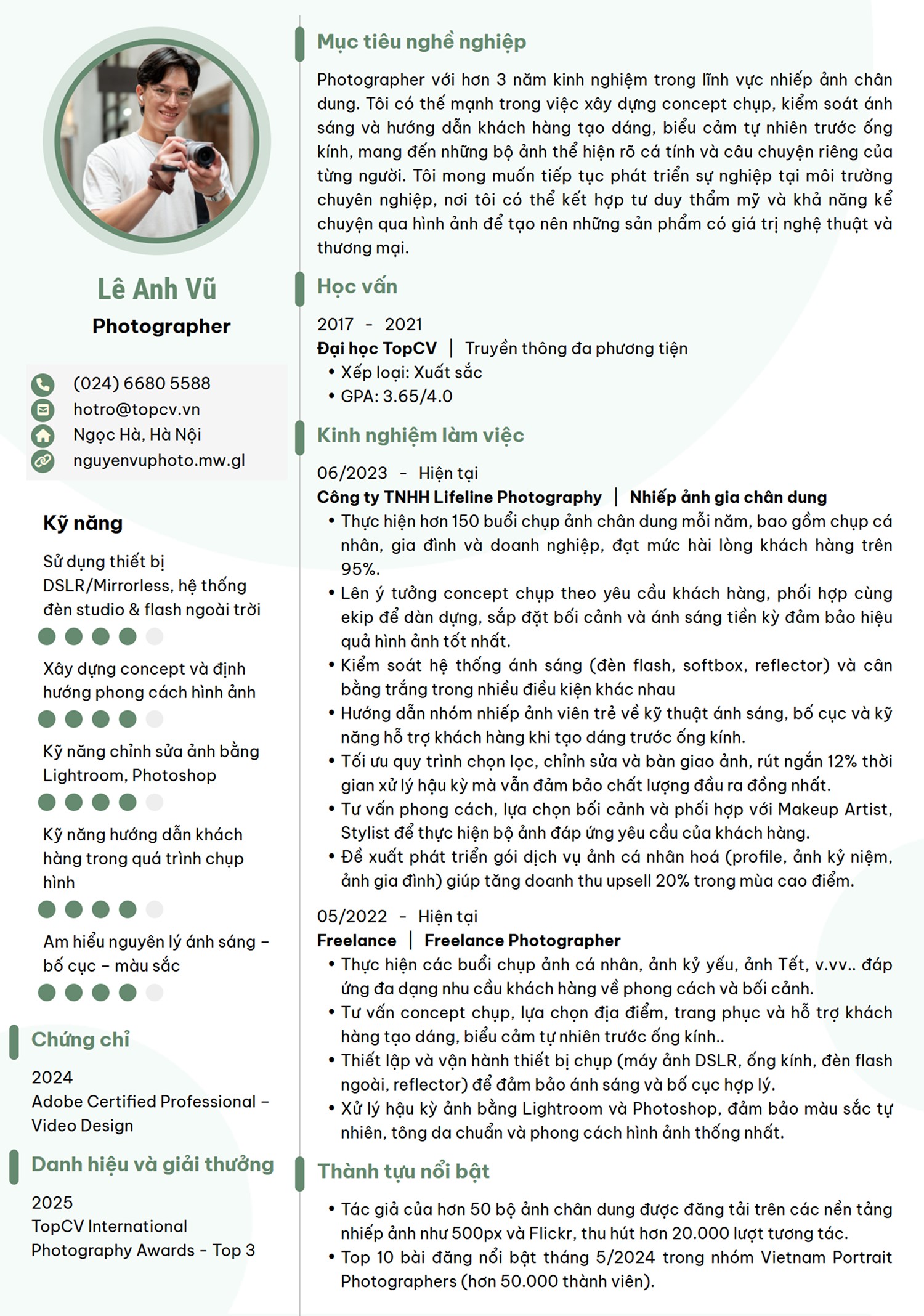 mẫu CV cho Photographer hiện đại