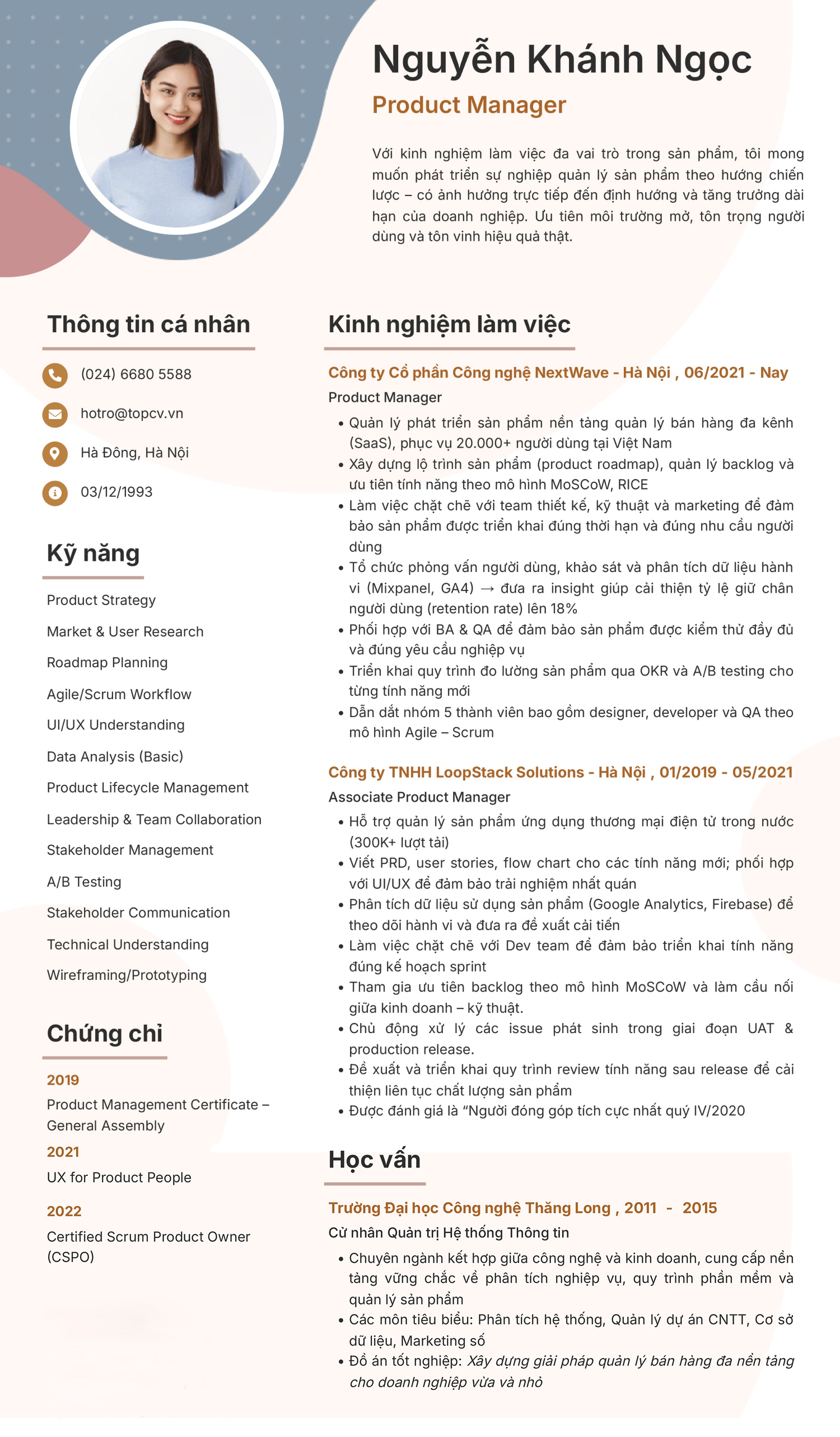 Mẫu CV Product Manager chuẩn, chuyên nghiệp
