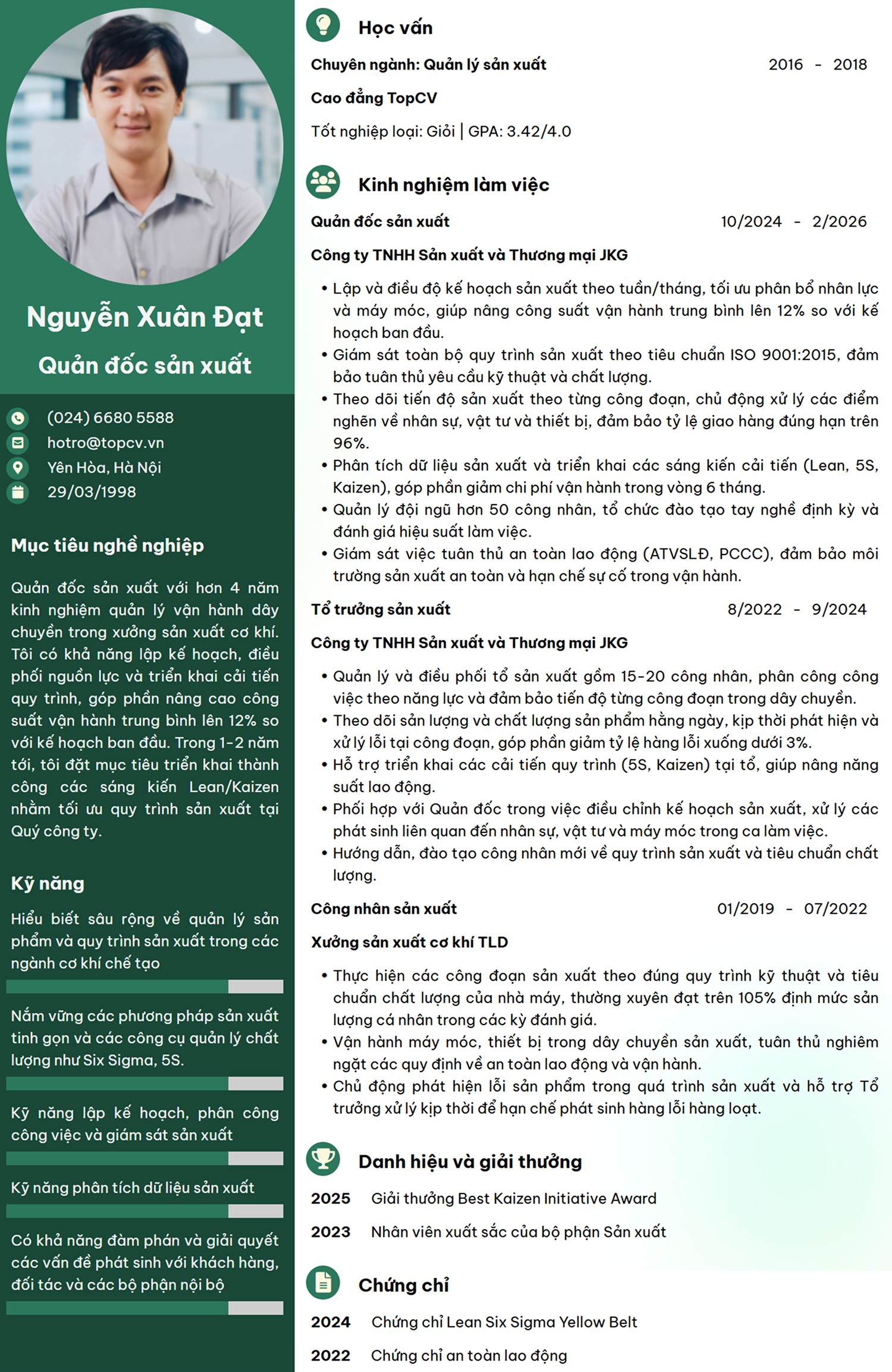 Mẫu CV Quản đốc sản xuất hiện đại