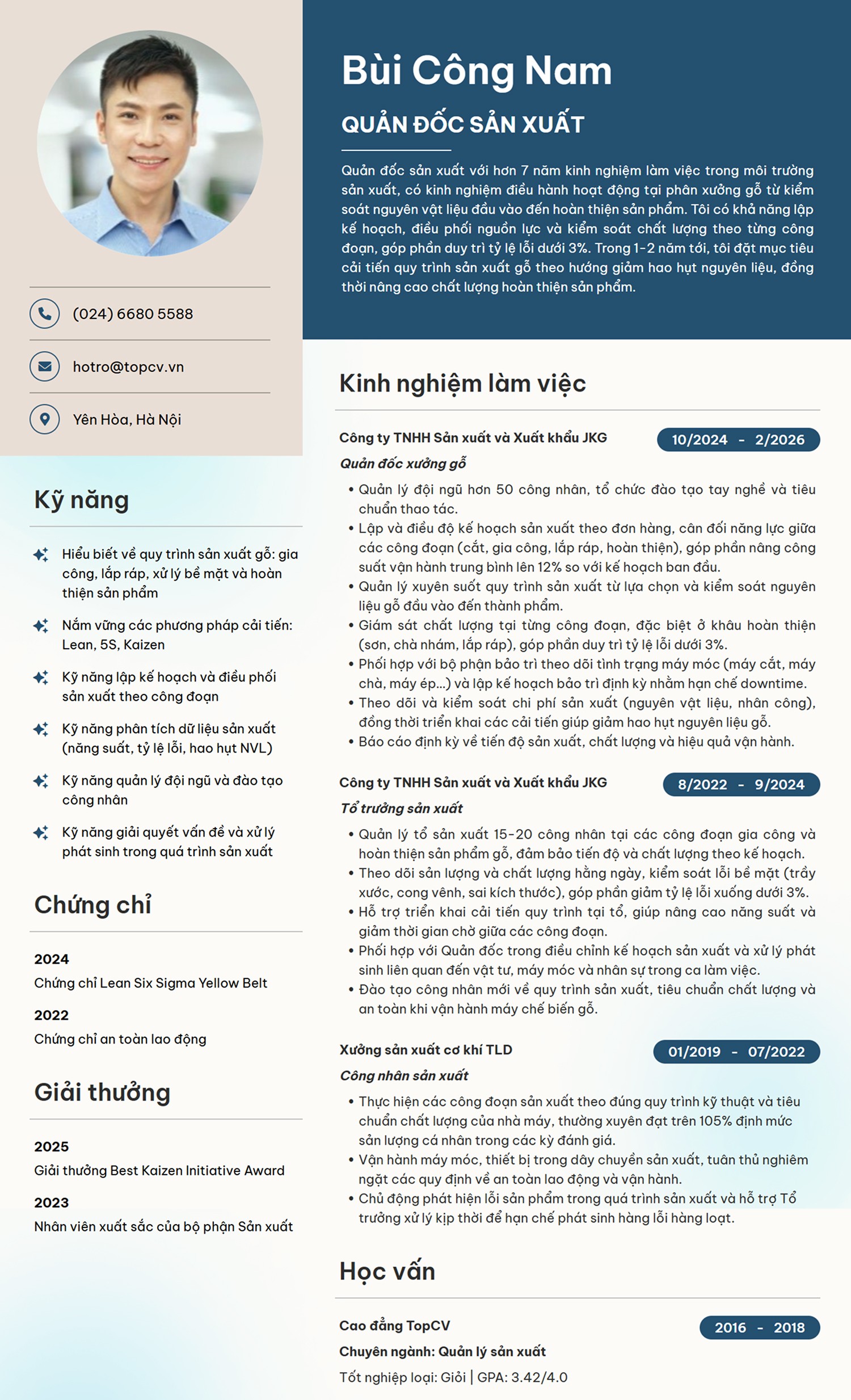 Mẫu CV Quản đốc xưởng gỗ