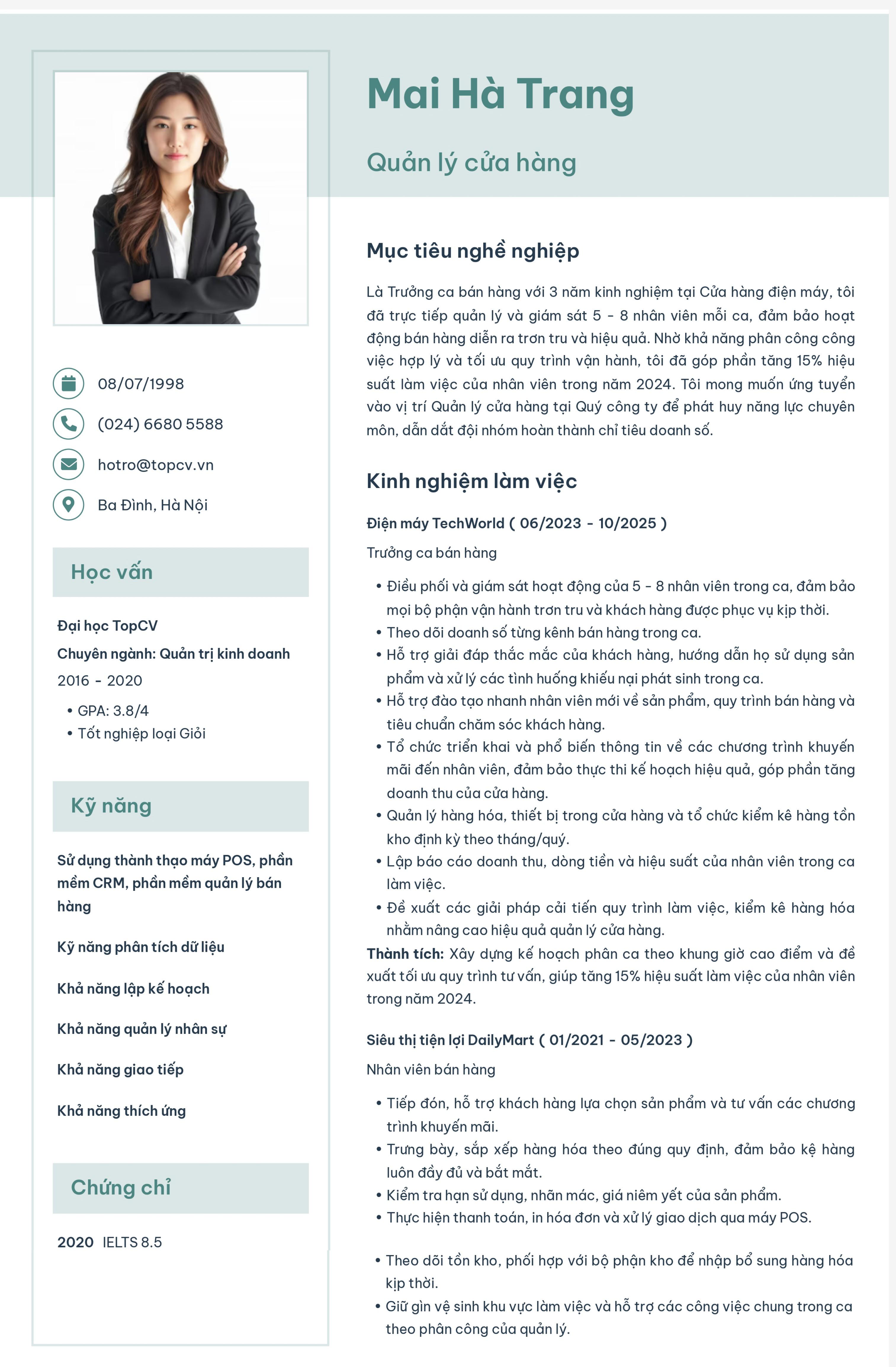 Mẫu CV Quản lý cửa hàng chuẩn