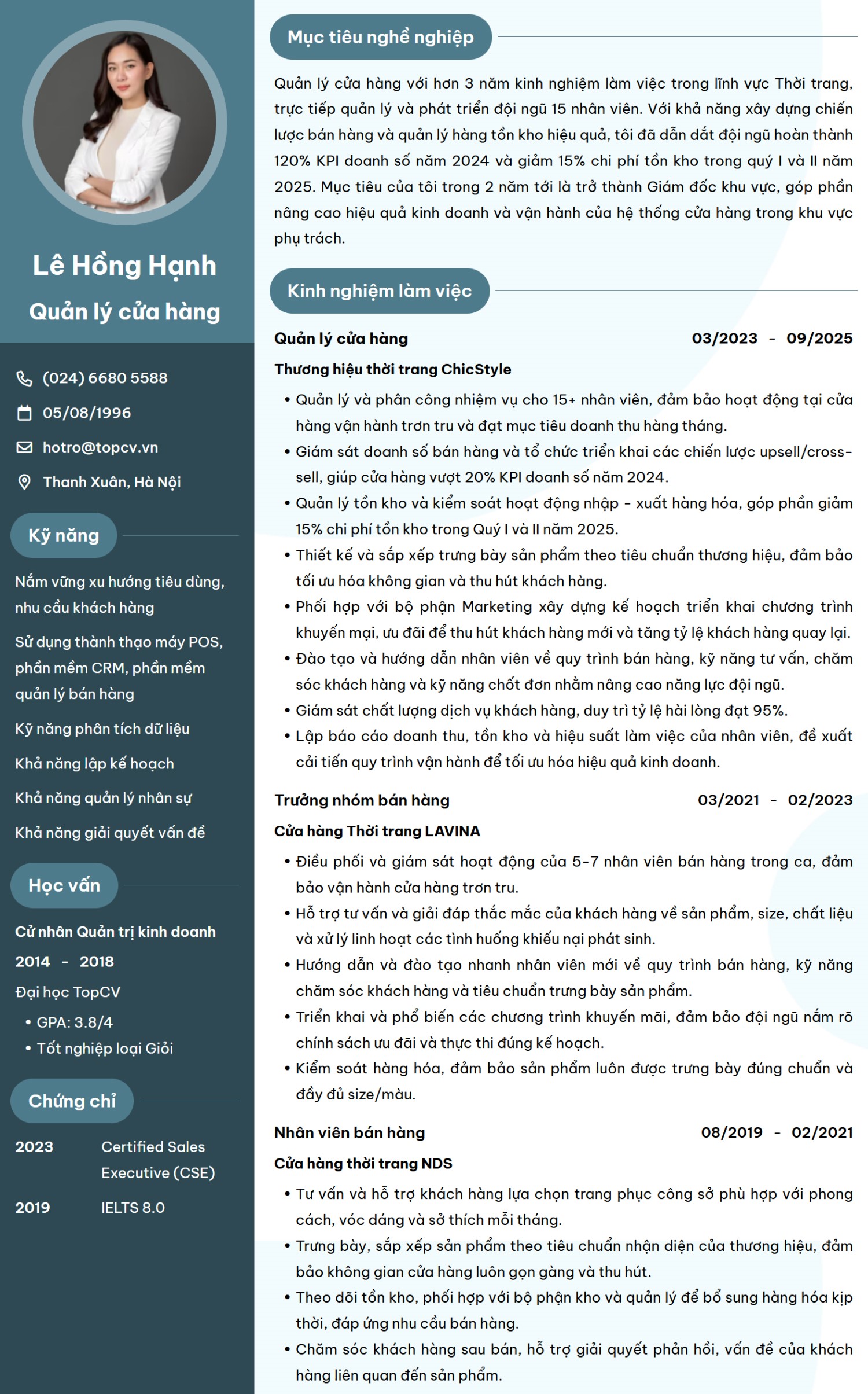 Mẫu CV Quản lý cửa hàng chuẩn