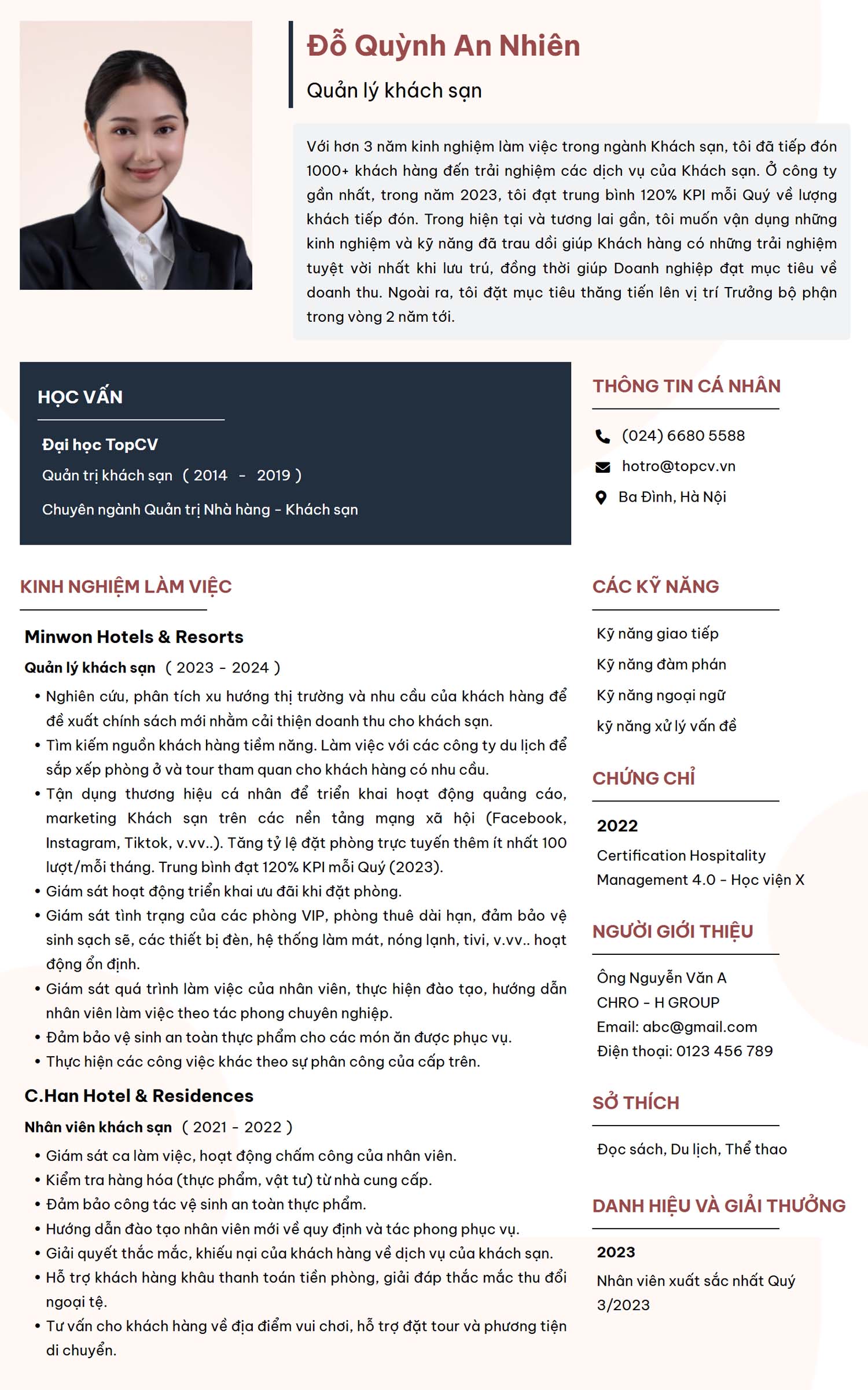 Mẫu CV Quản lý khách sạn