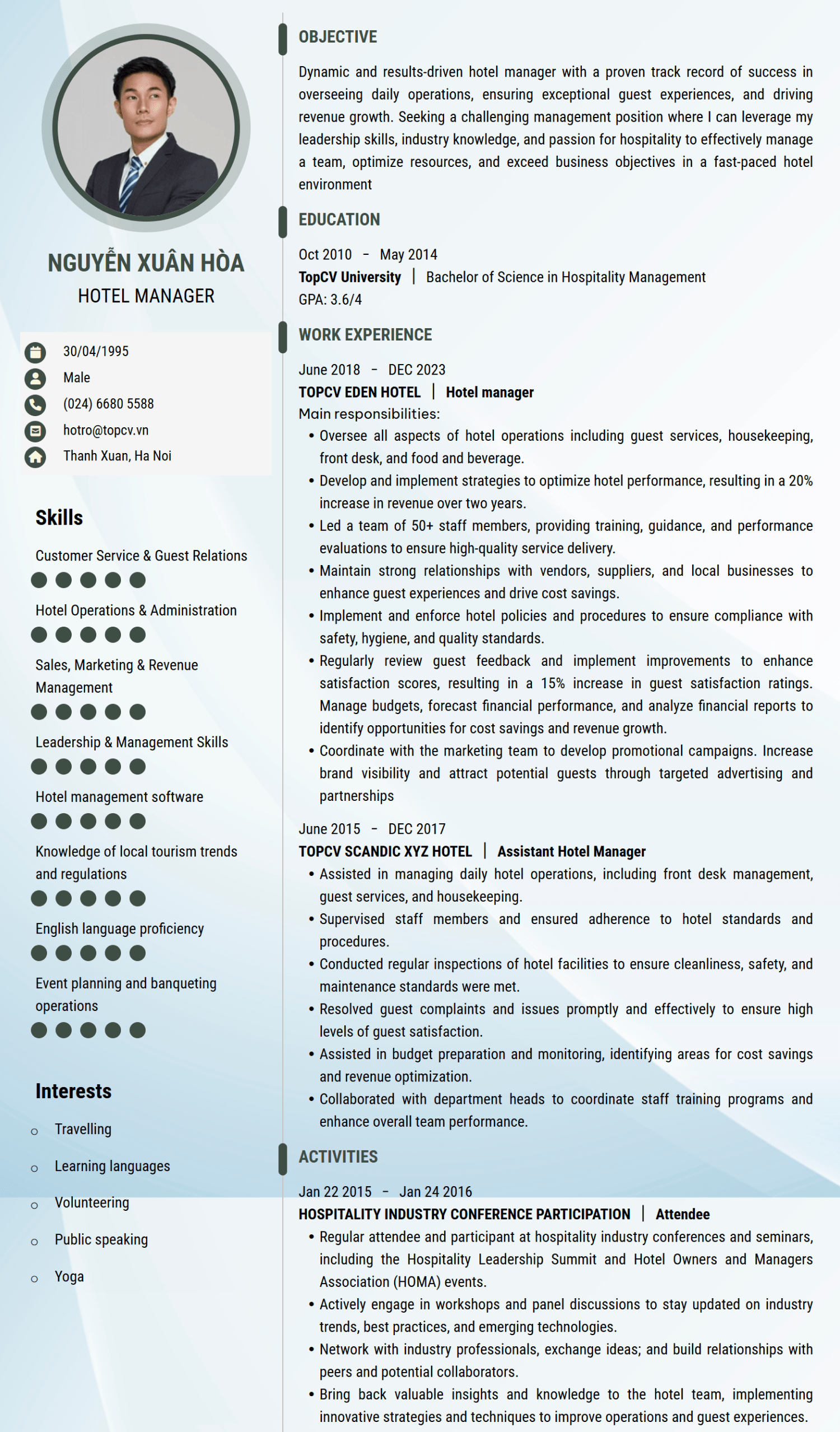 Mẫu CV Quản lý khách sạn tiếng Anh
