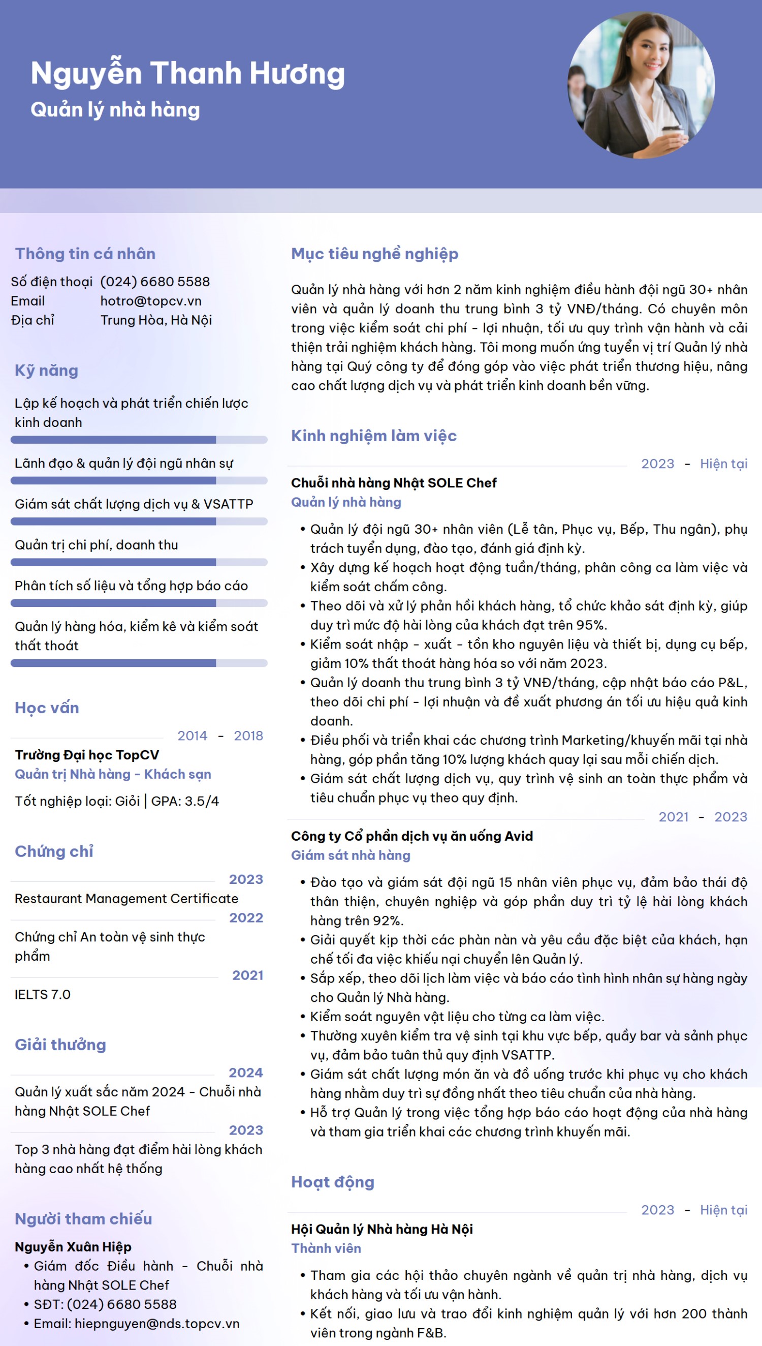 mẫu CV Quản lý nhà hàng hiện đại