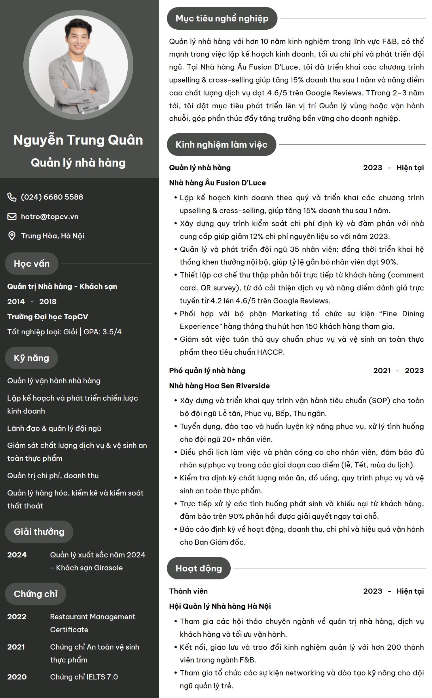 mẫu CV xin việc Quản lý nhà hàng chuyên nghiệp