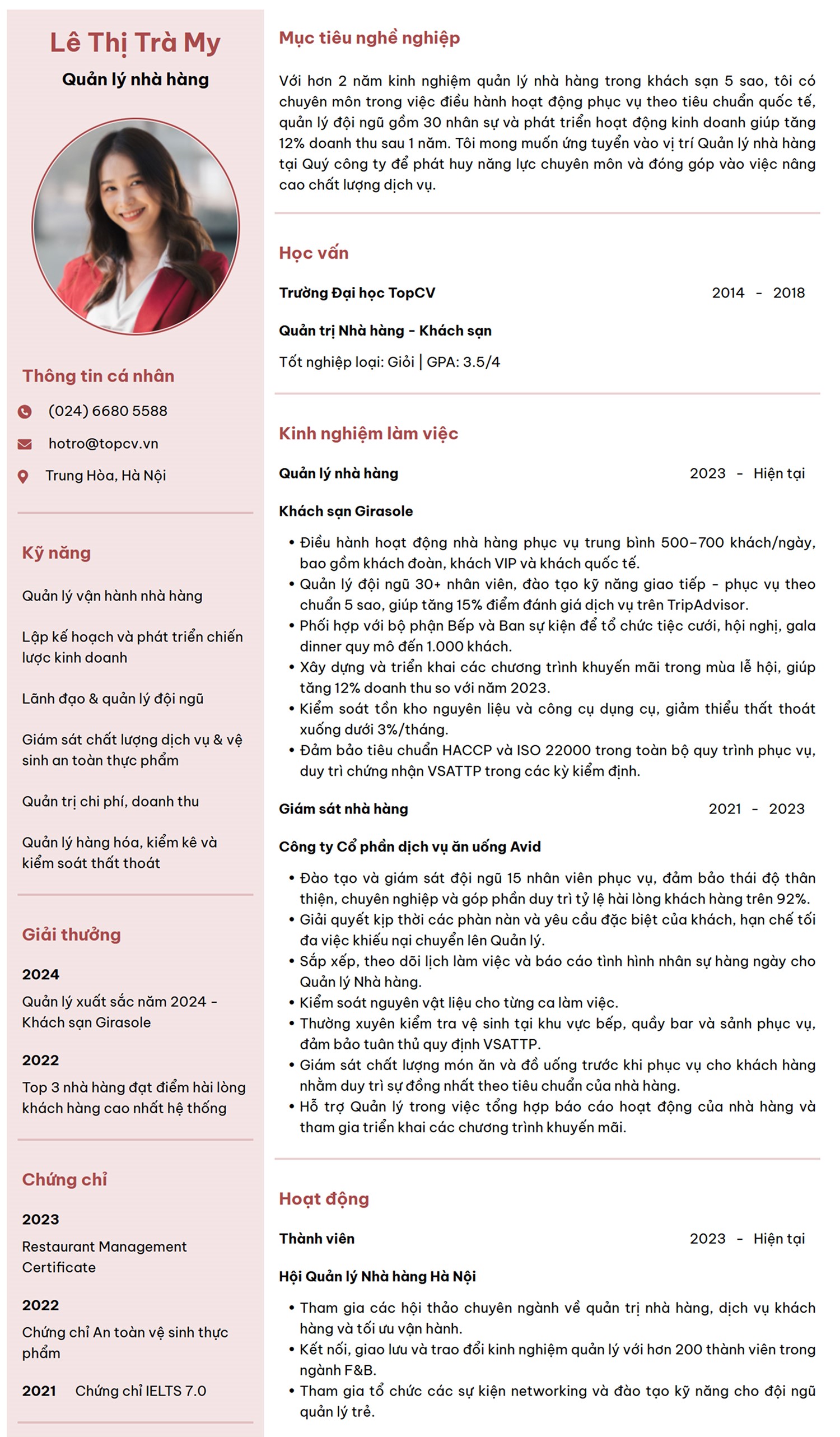 mẫu CV Quản lý nhà hàng ấn tượng