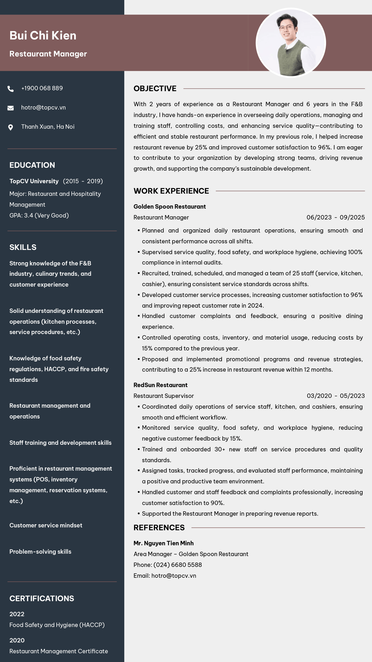 Mẫu CV Quản lý nhà hàng tiếng Anh