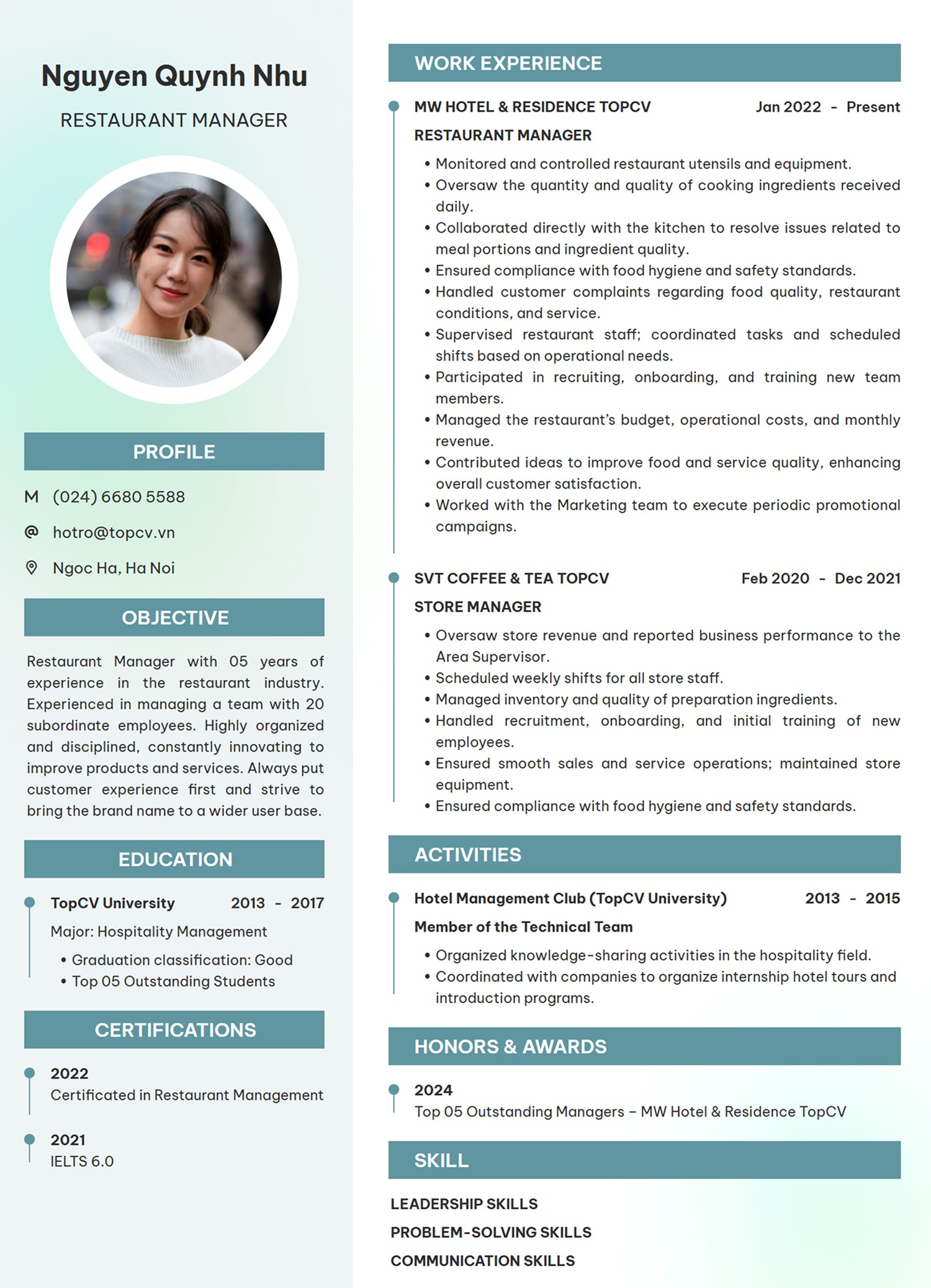 Mẫu CV Quản lý nhà hàng tiếng Anh