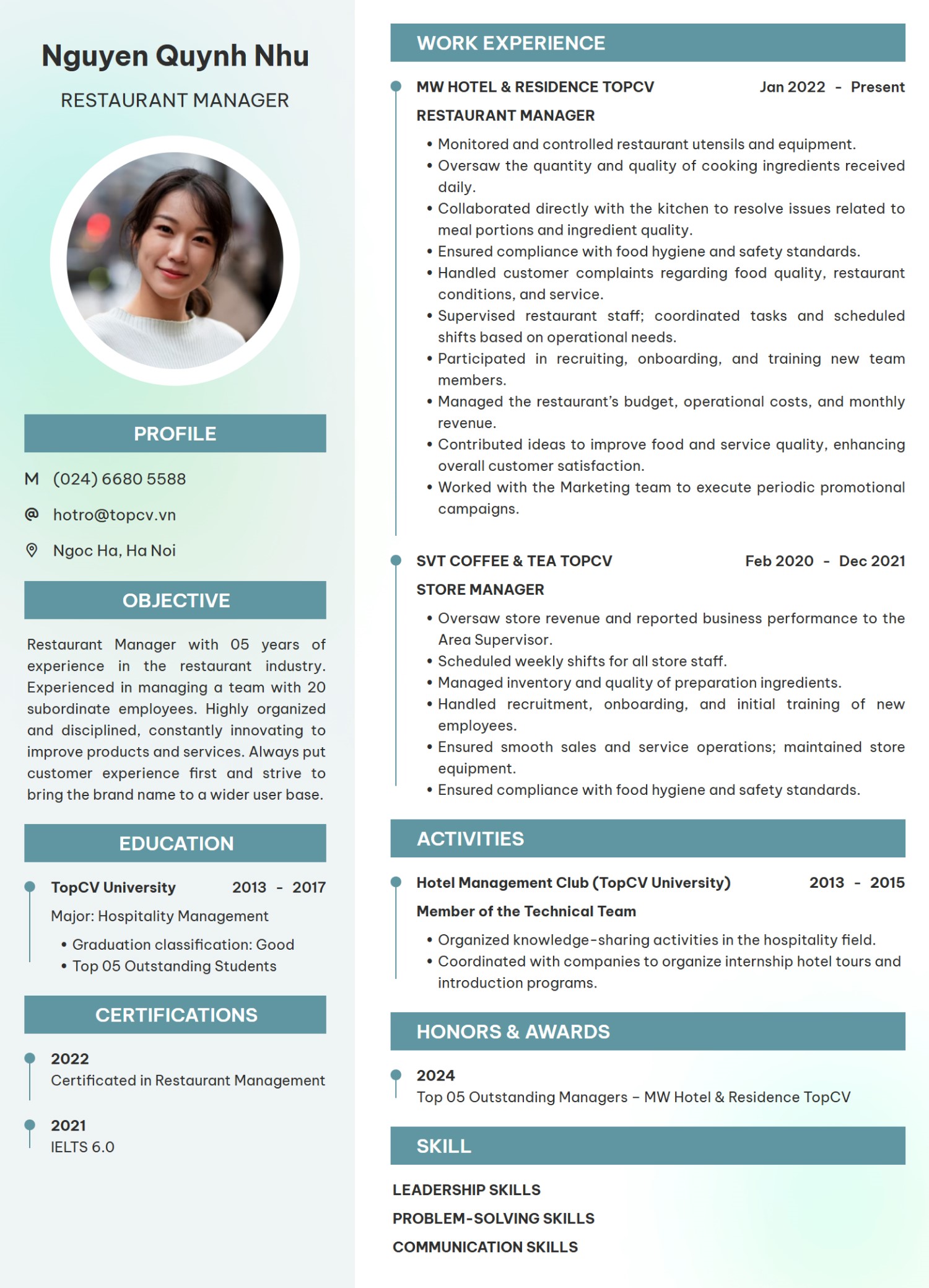 mẫu CV Quản lý nhà hàng tiếng Anh