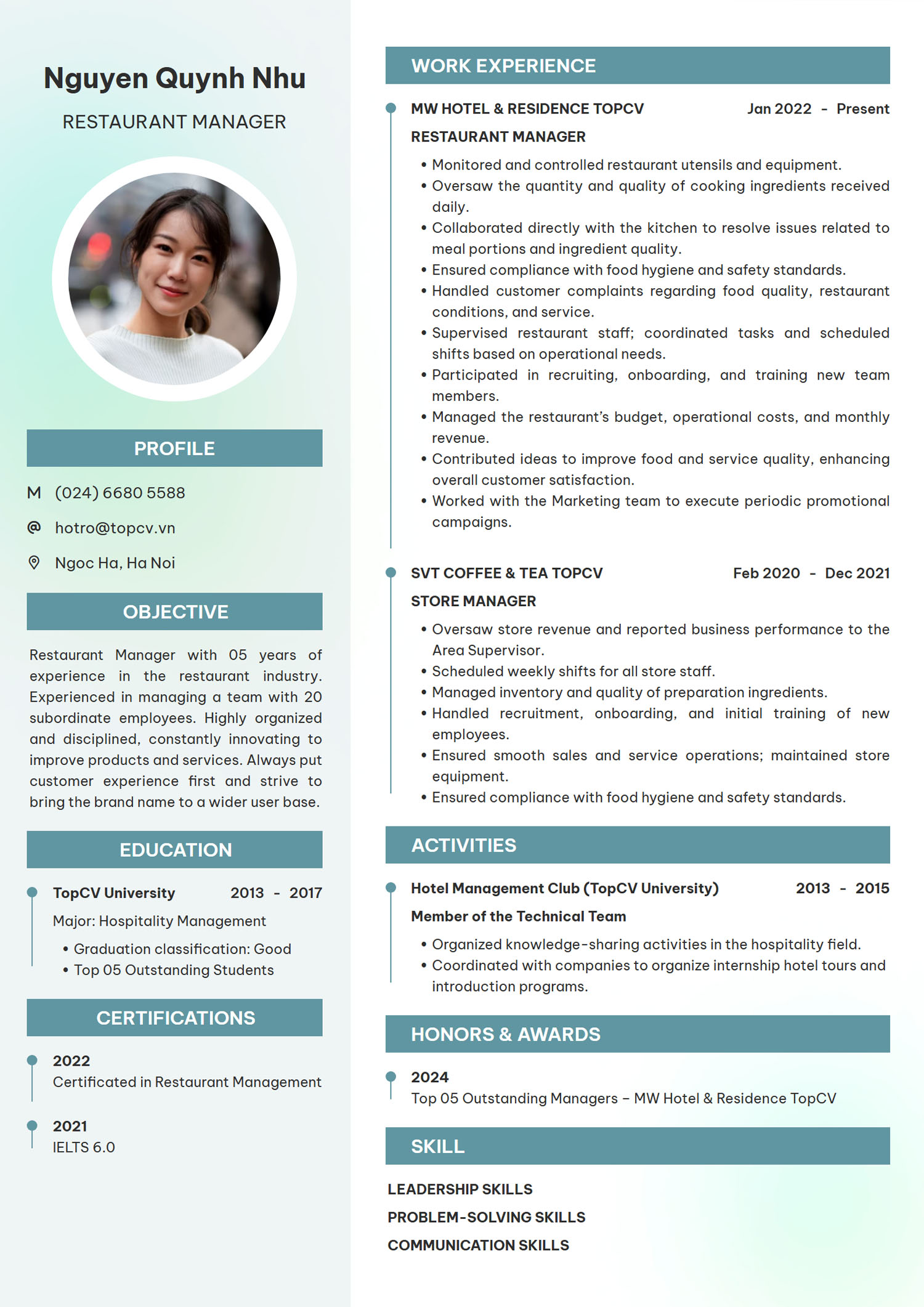 mau cv quan ly nha hang tieng anh