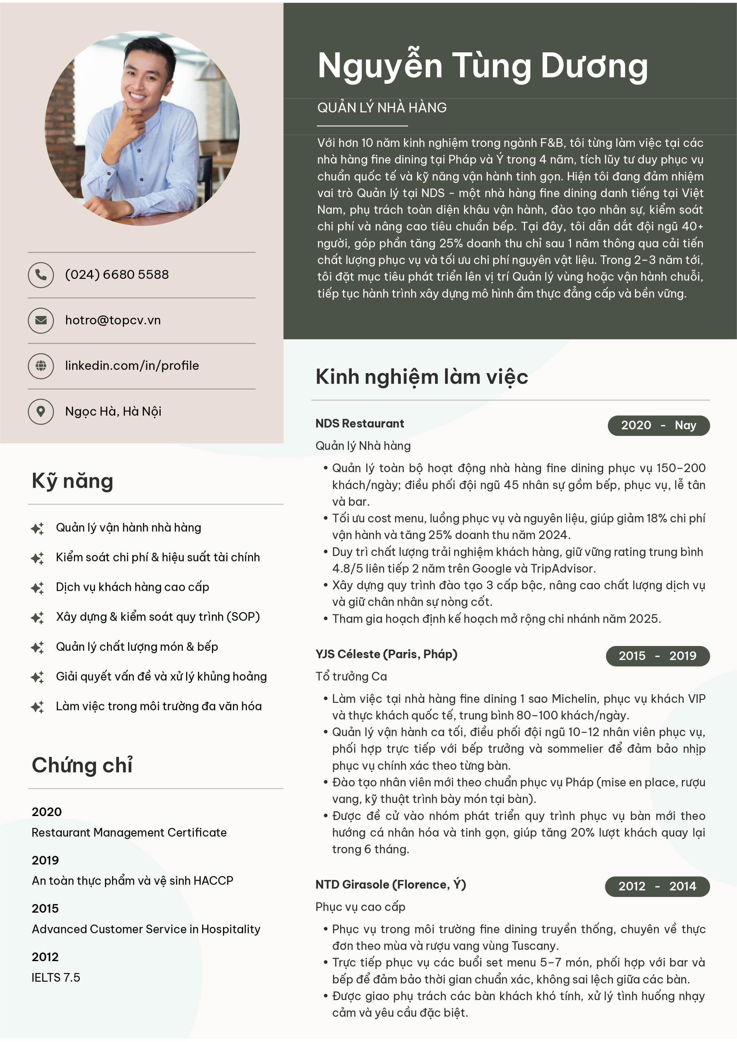 Mẫu CV Quản lý nhà hàng