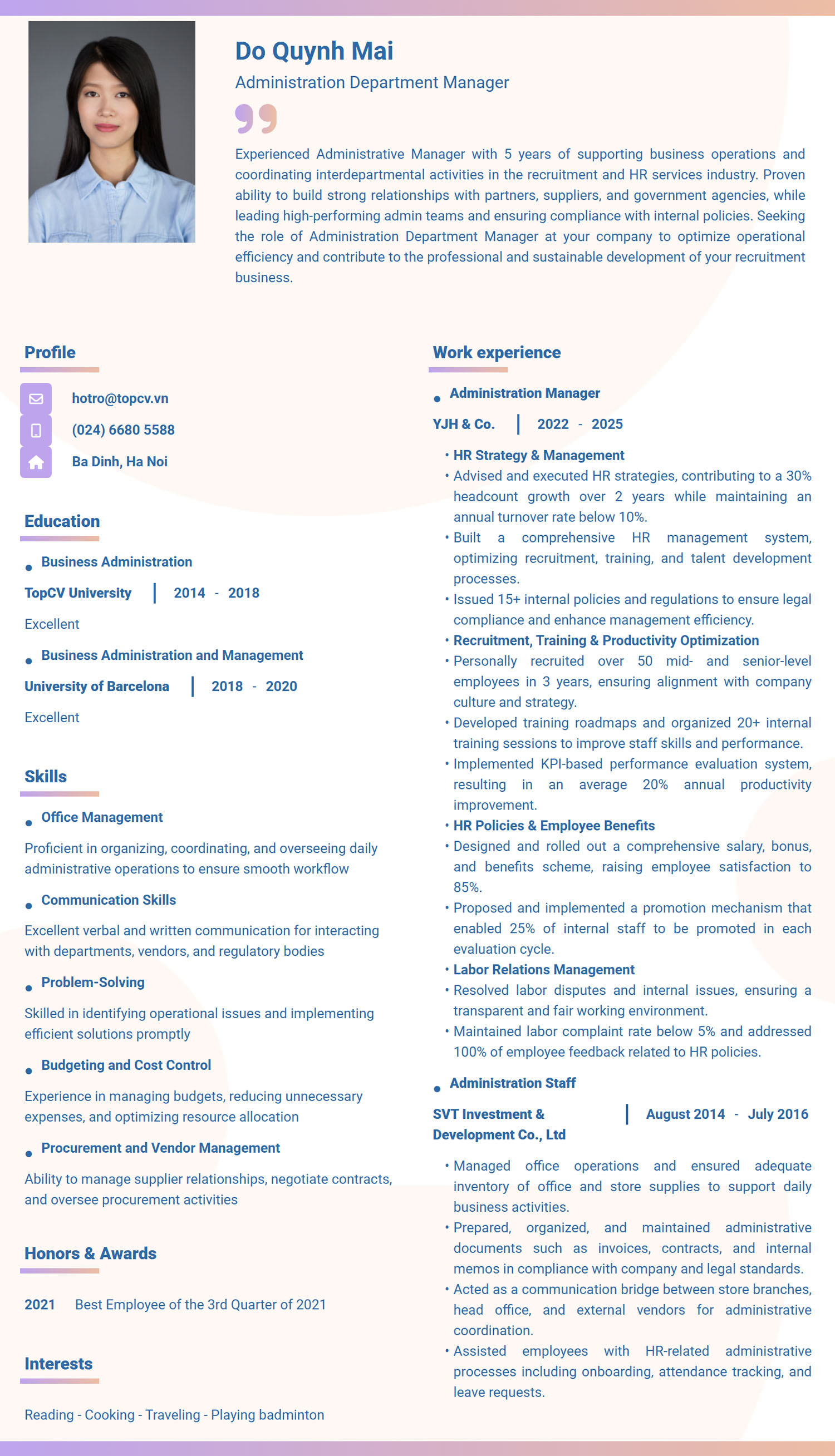 Mẫu CV Quản lý phòng Hành chính Tiếng Anh