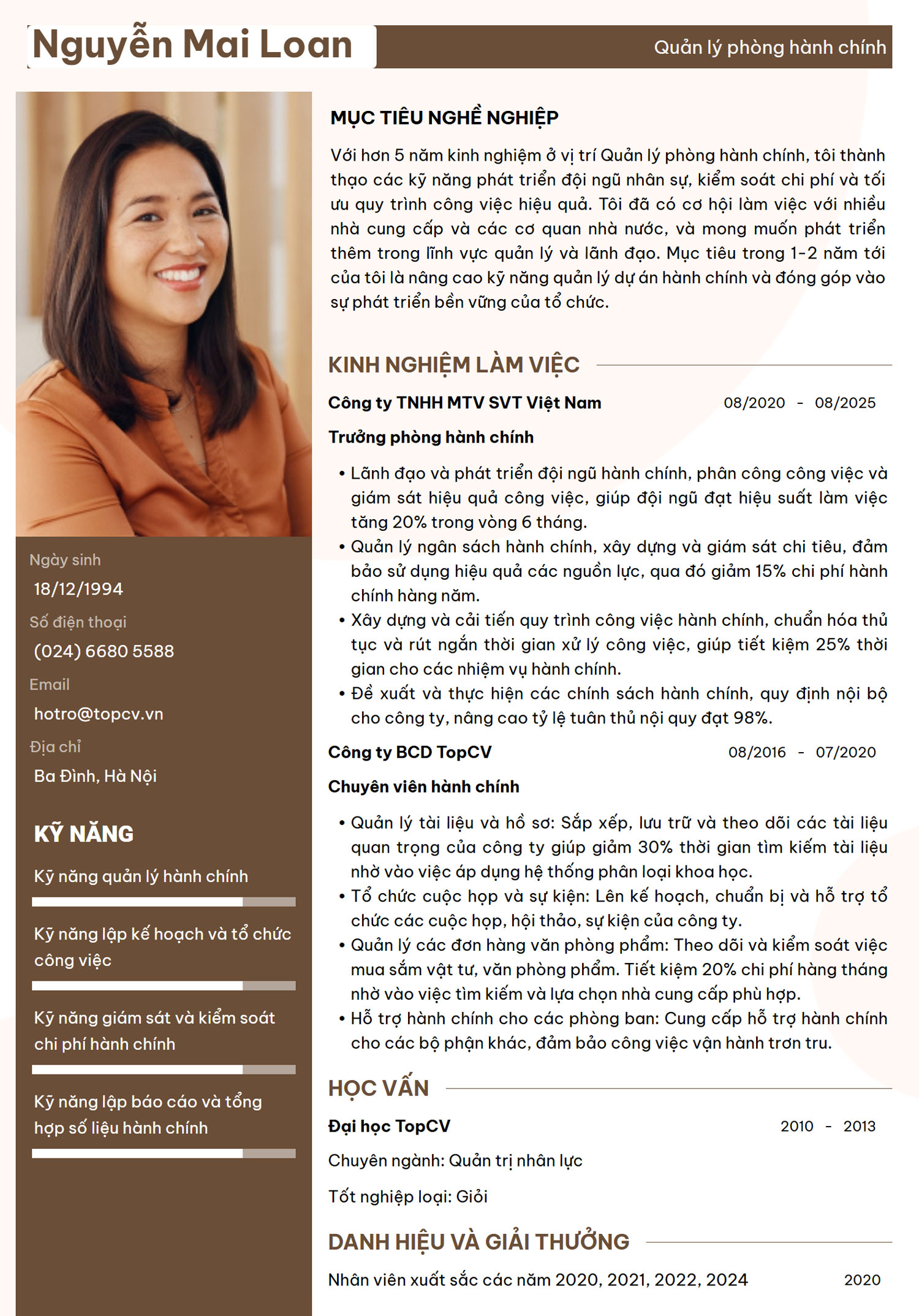 mẫu CV Quản lý phòng Hành chính