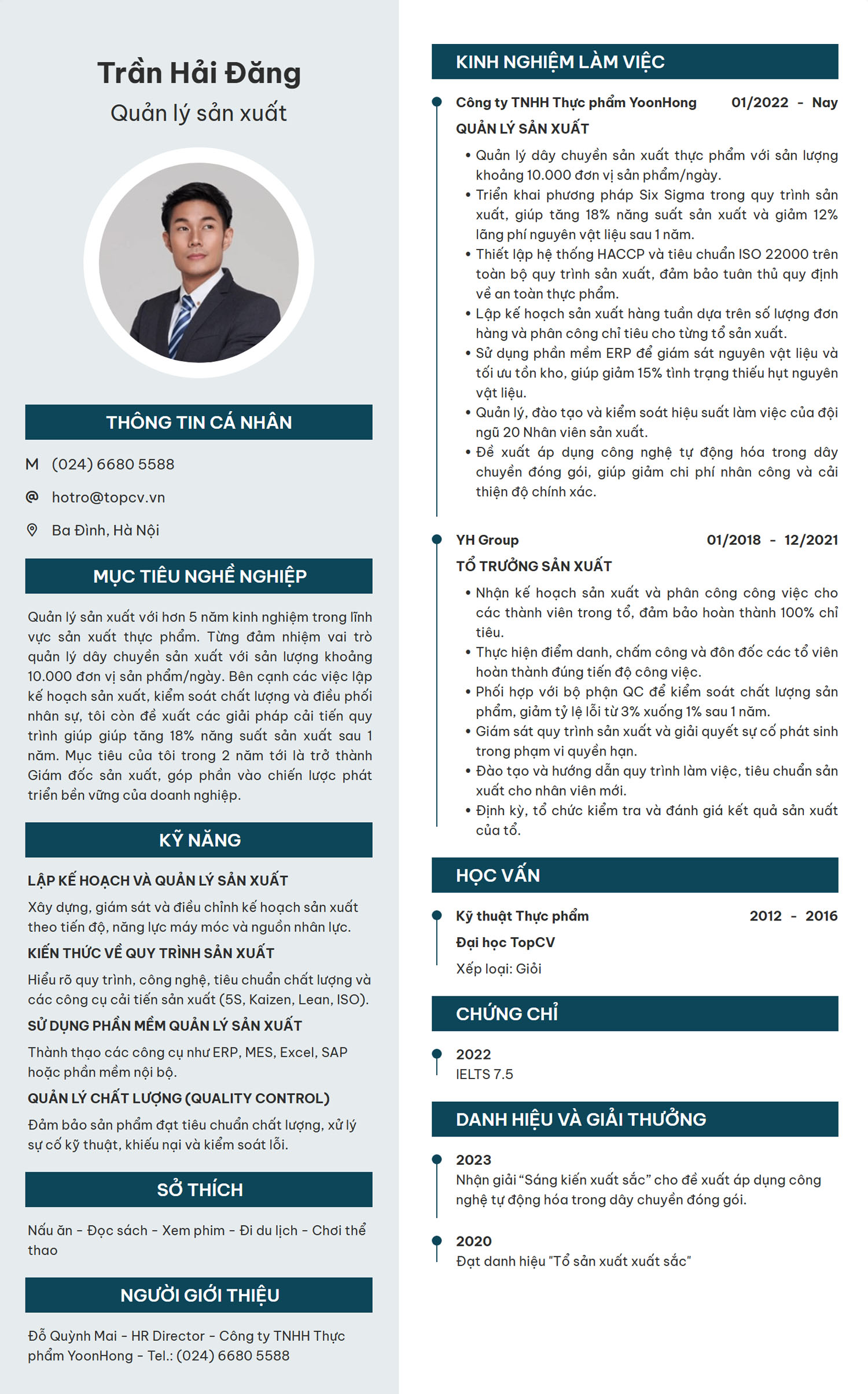 Mẫu CV Quản lý sản xuất
