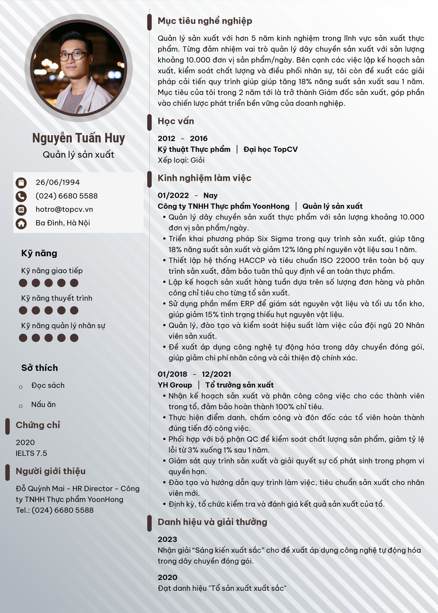 Mẫu CV Quản lý sản xuất