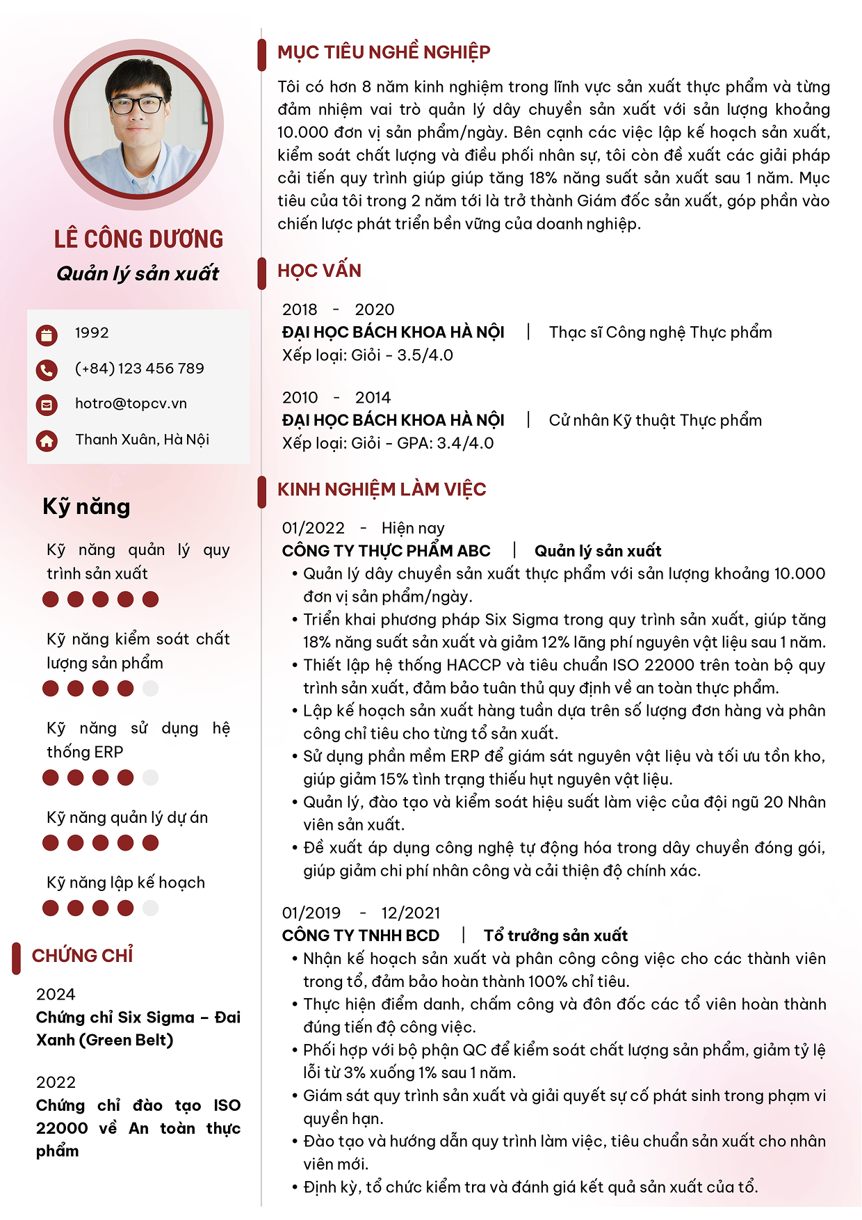 Mẫu CV Quản lý sản xuất tiếng Việt