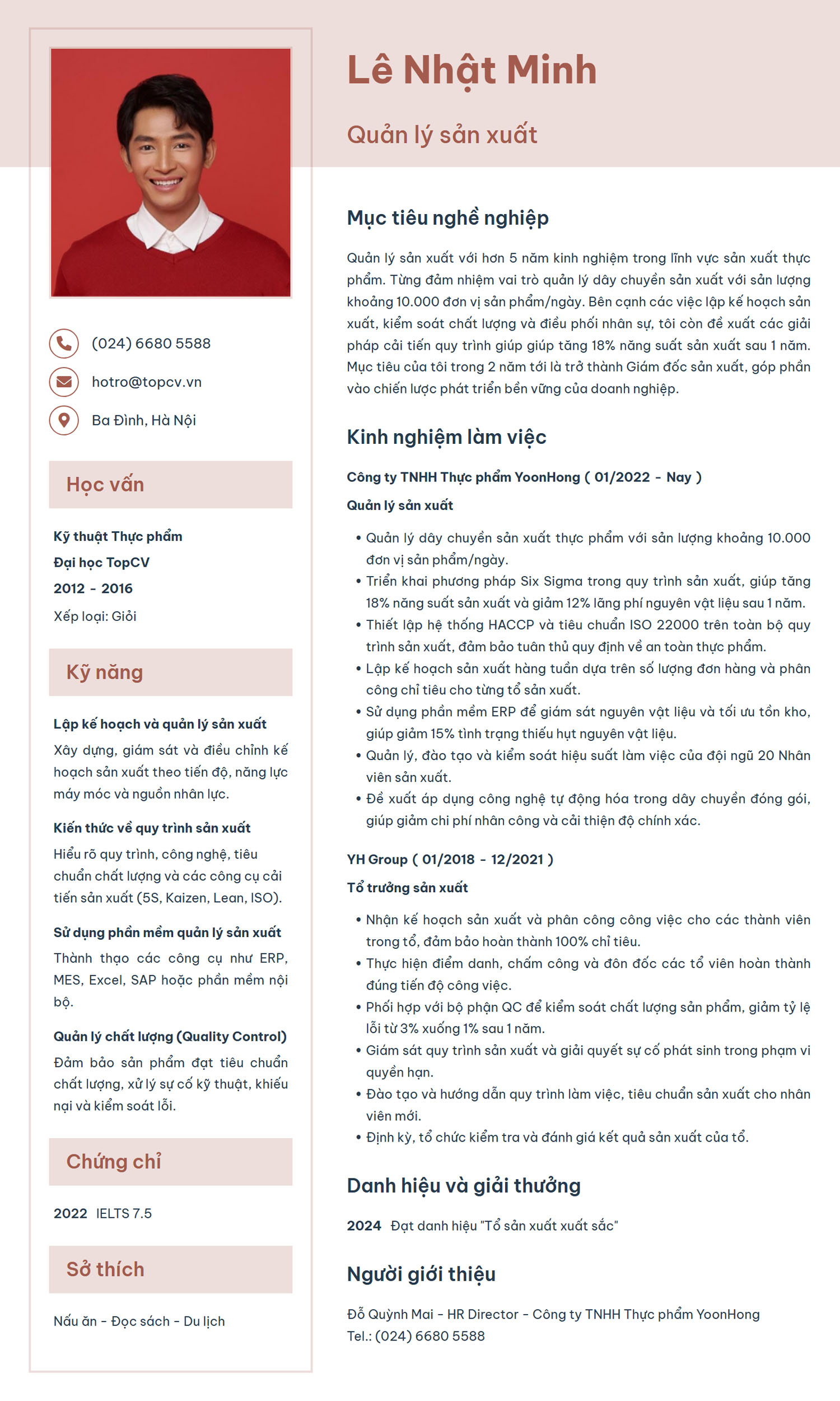 Mẫu CV Quản lý sản xuất