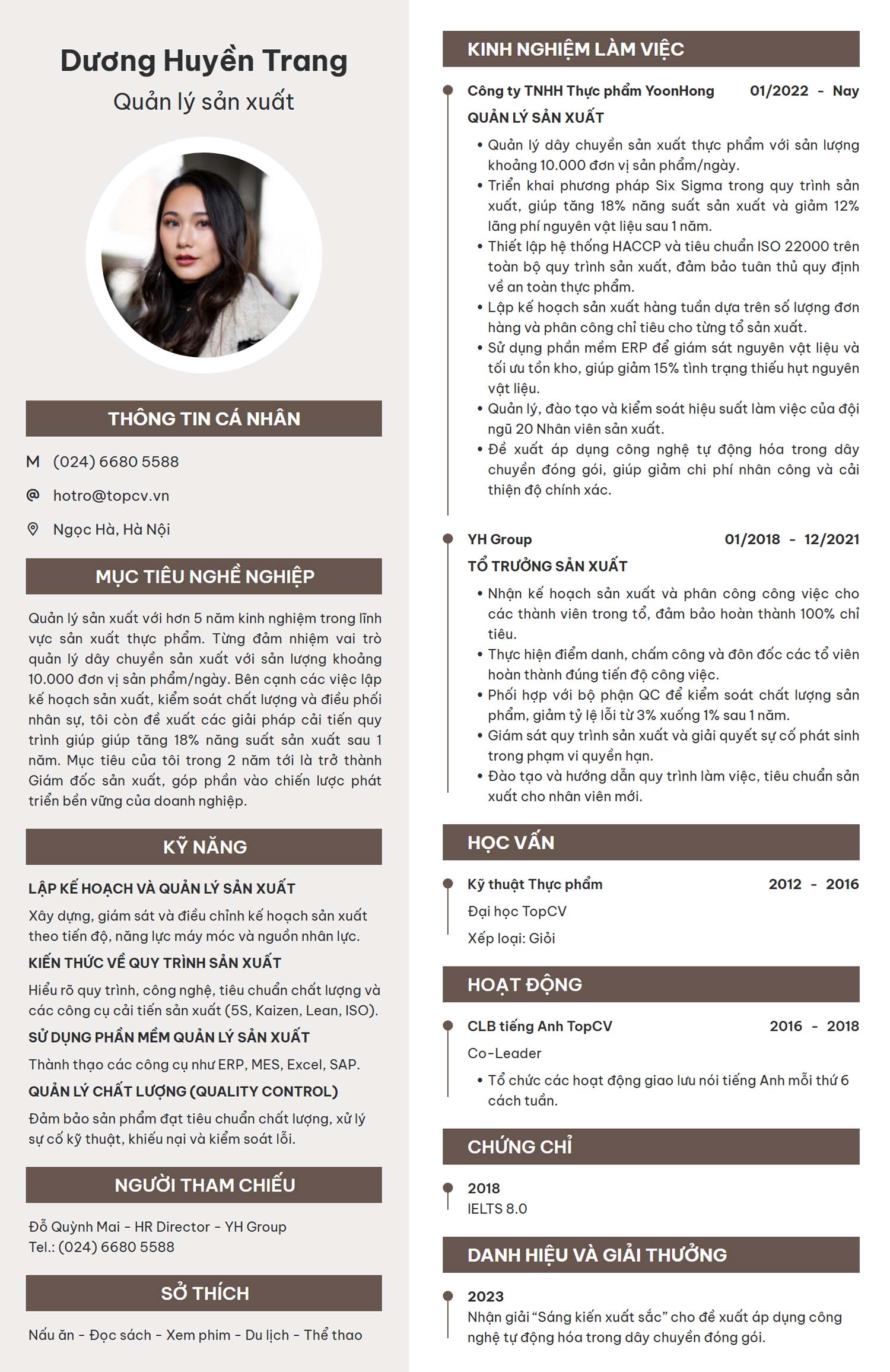 Mẫu CV Quản lý sản xuất