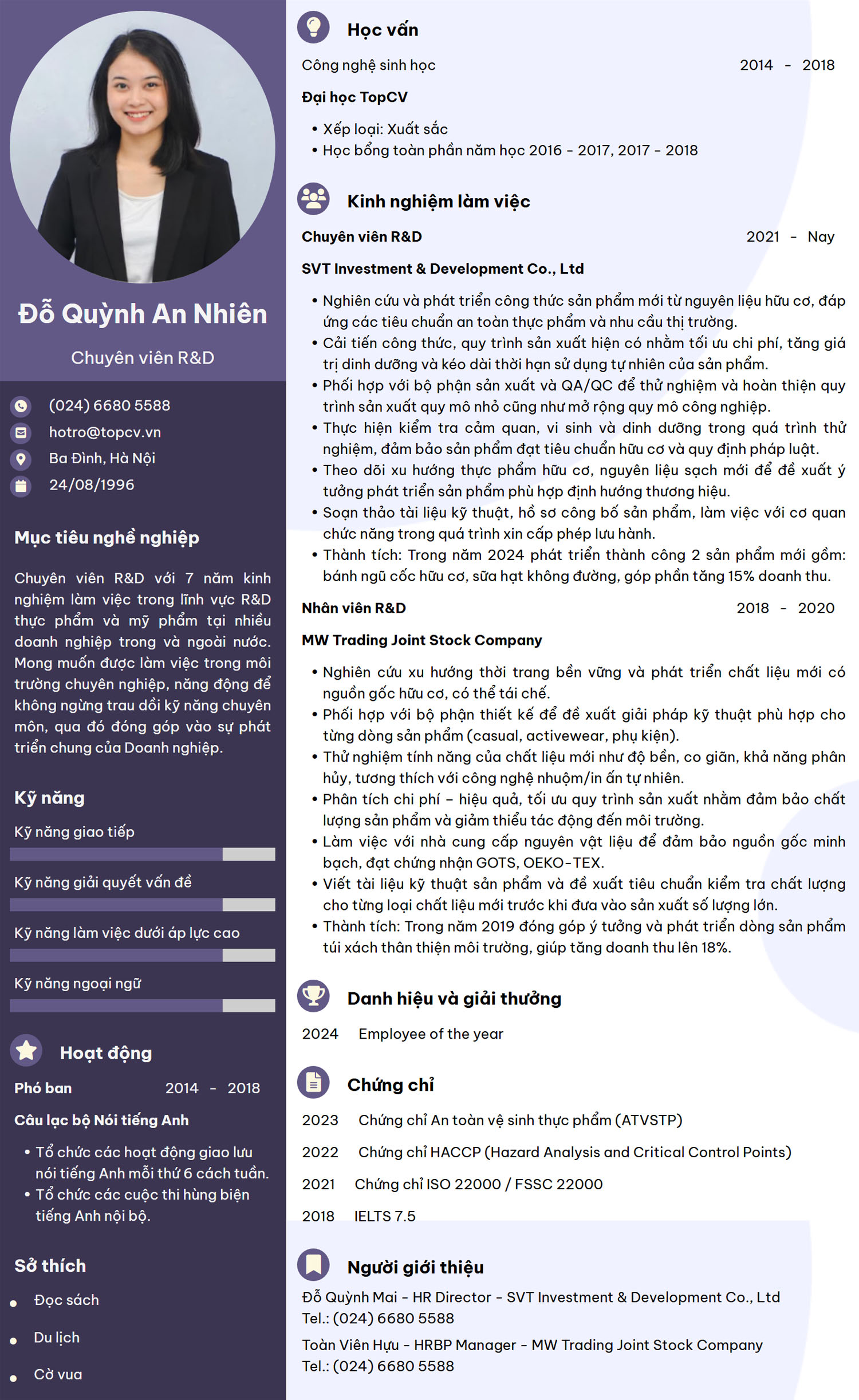 Tham khảo mẫu CV Nhân viên R&D chuẩn