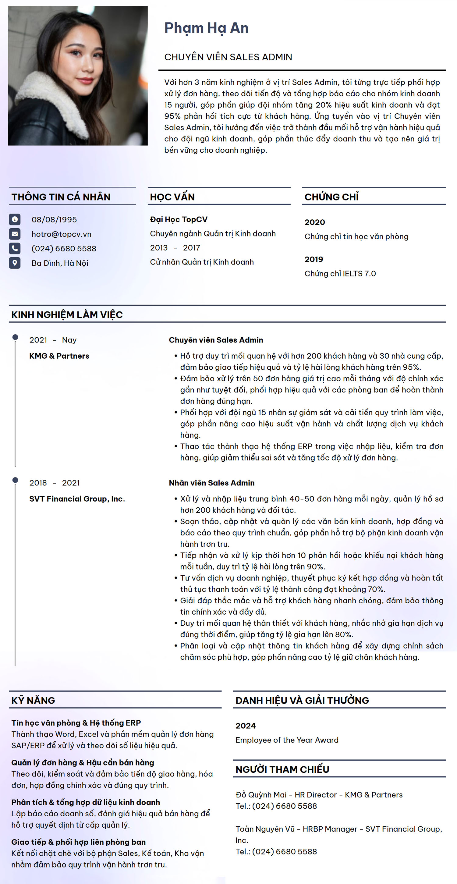 Mẫu CV Sales Admin chuyên nghiệp