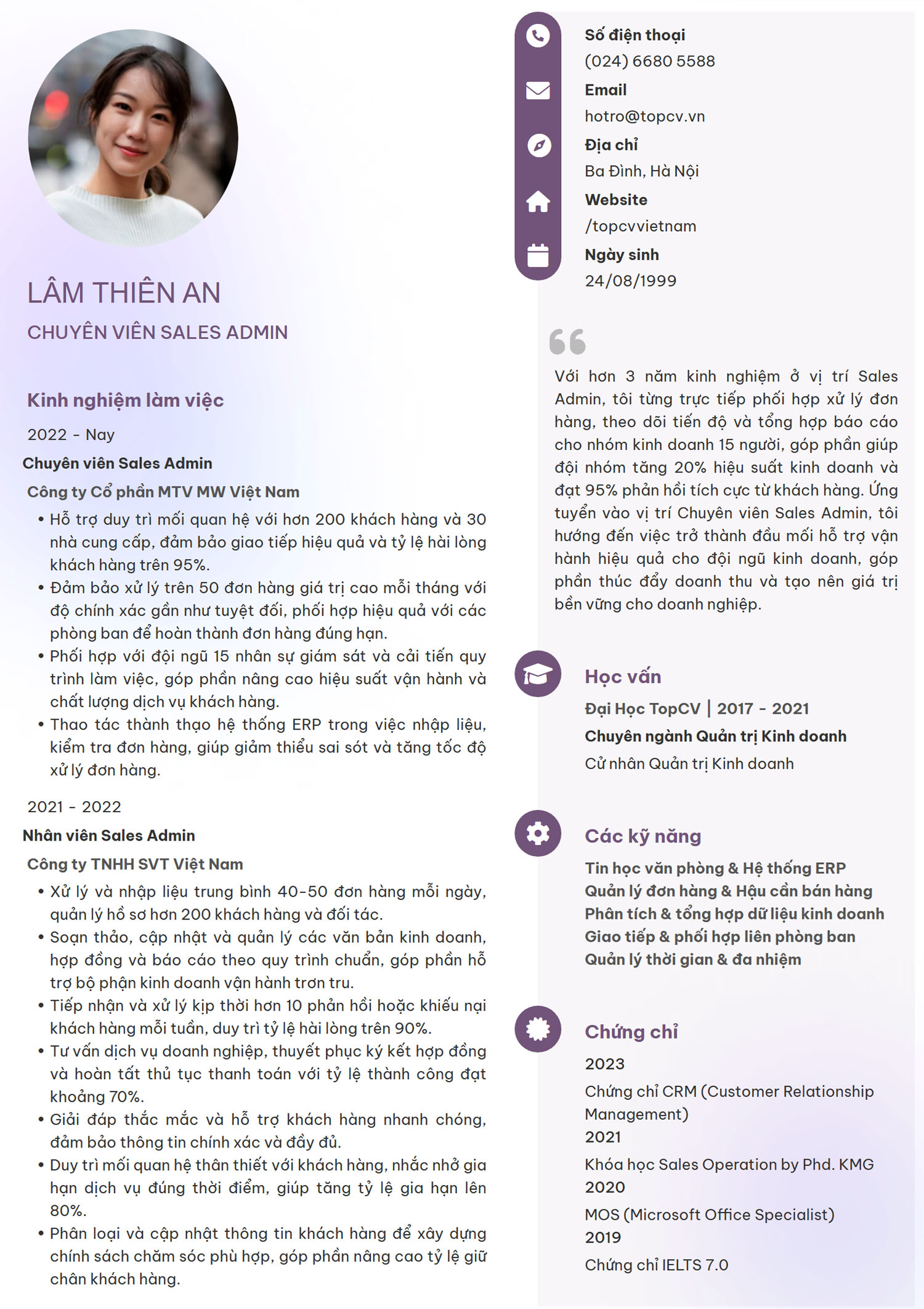 Mẫu CV Sales Admin ấn tượng