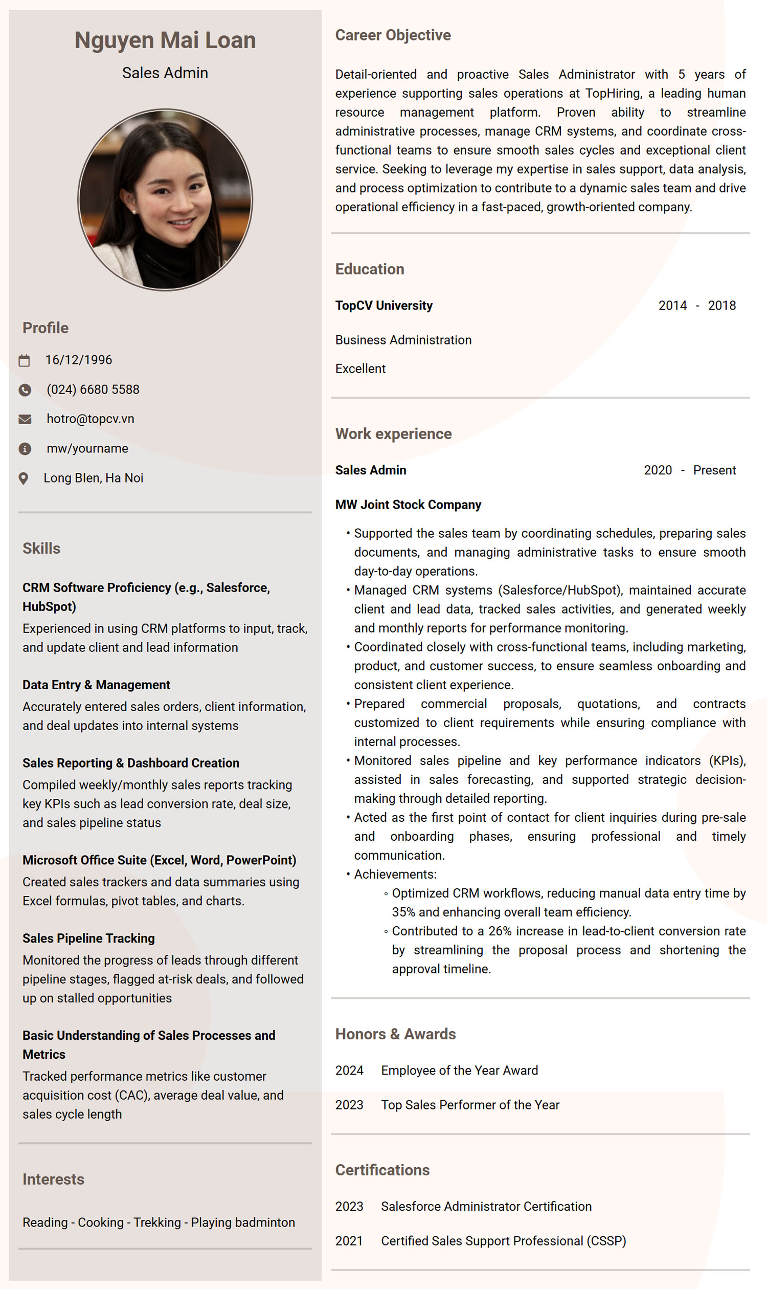 Tham khảo mẫu CV Sales Admin Tiếng Anh