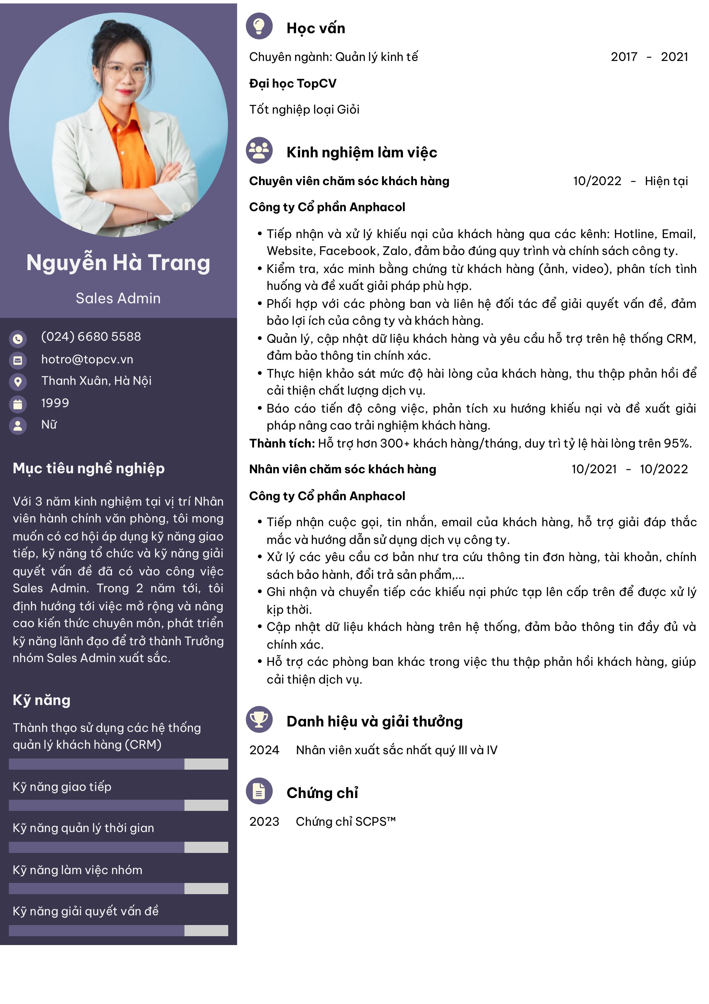 Mẫu CV Sale Admin cho người trái ngành