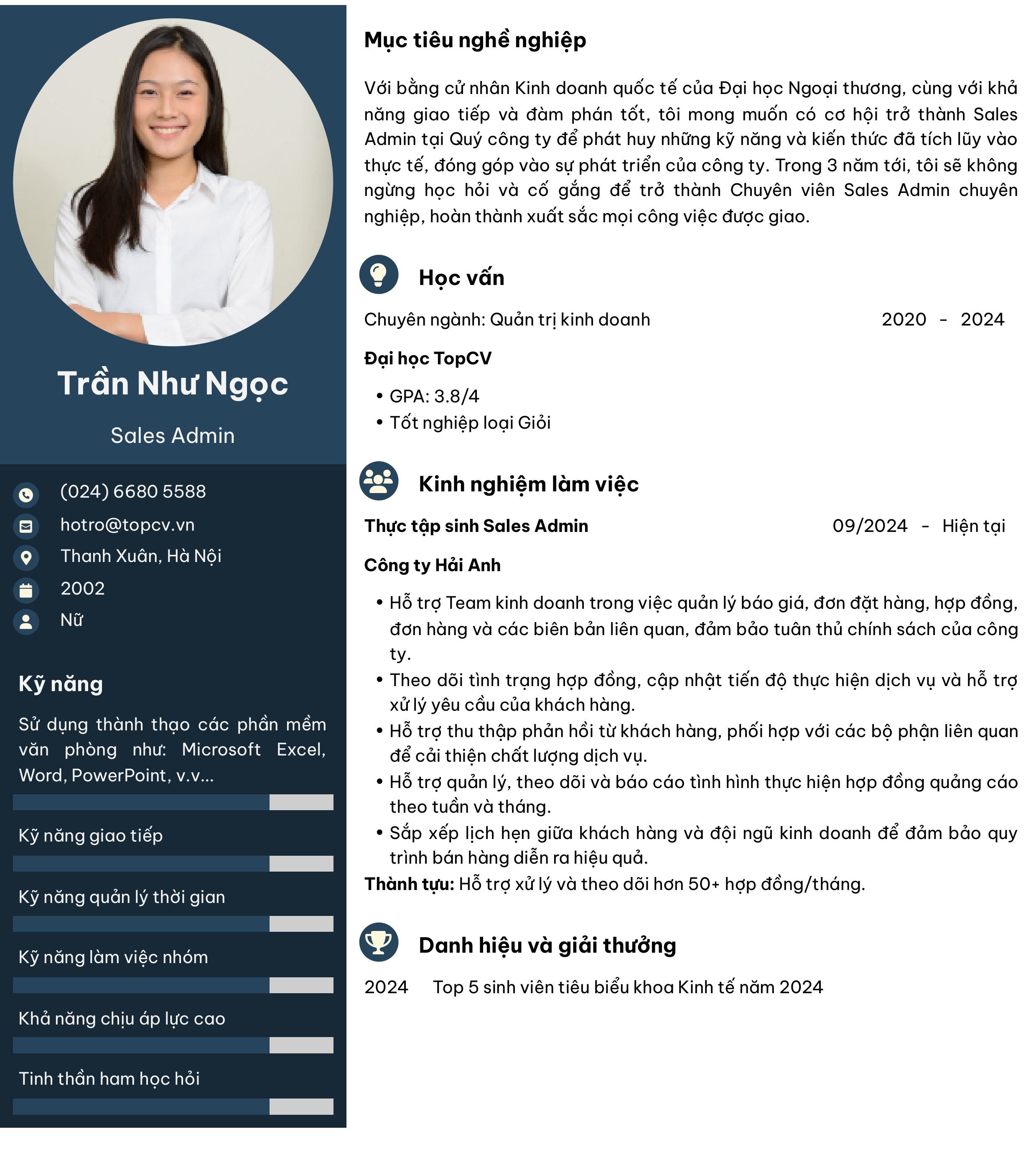 Mẫu CV Sales Admin cho sinh viên
