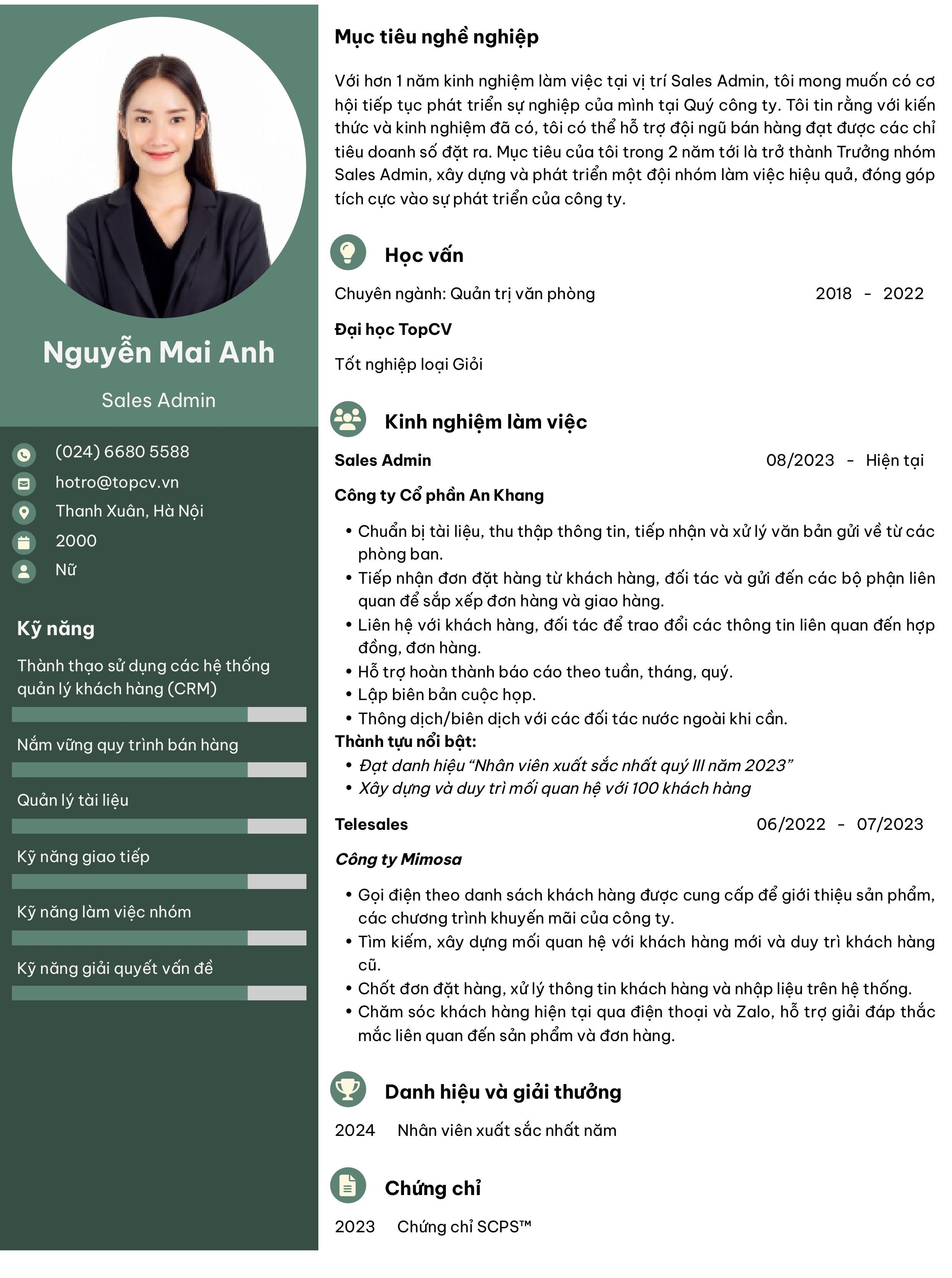 Mẫu CV Sales Admin cho người có 1-2 năm kinh nghiệm