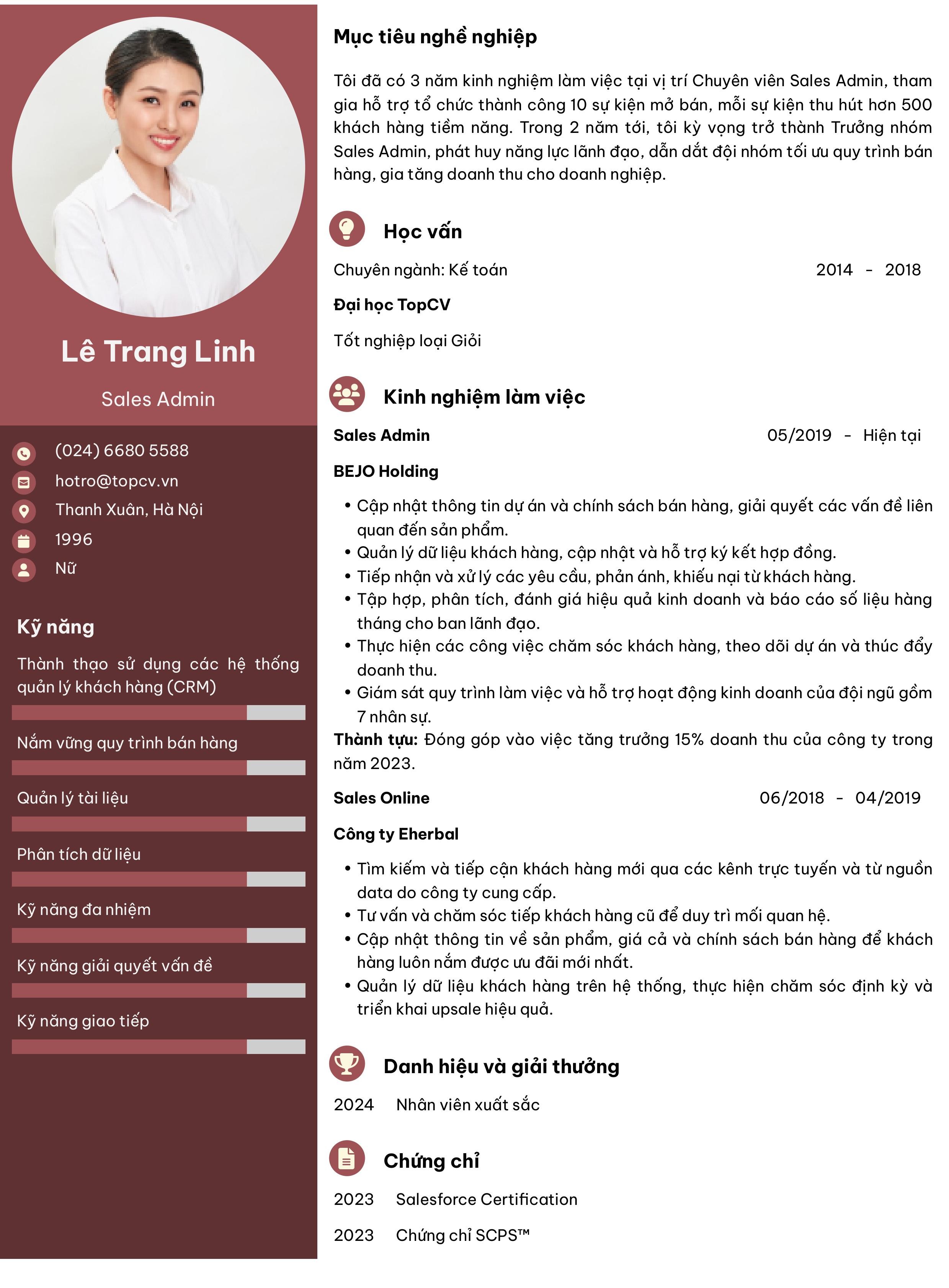 Mẫu CV Sale Admin cho người có 3-5 năm kinh nghiệm