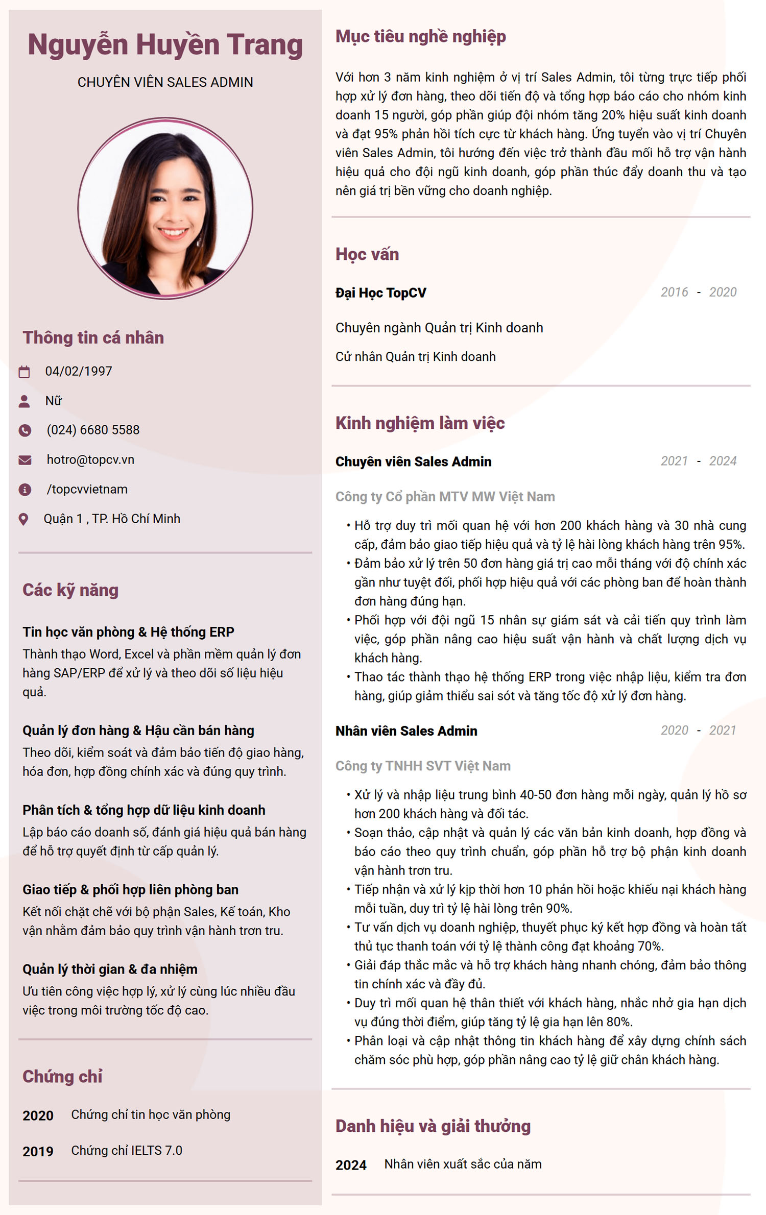 mẫu CV Sales Admin