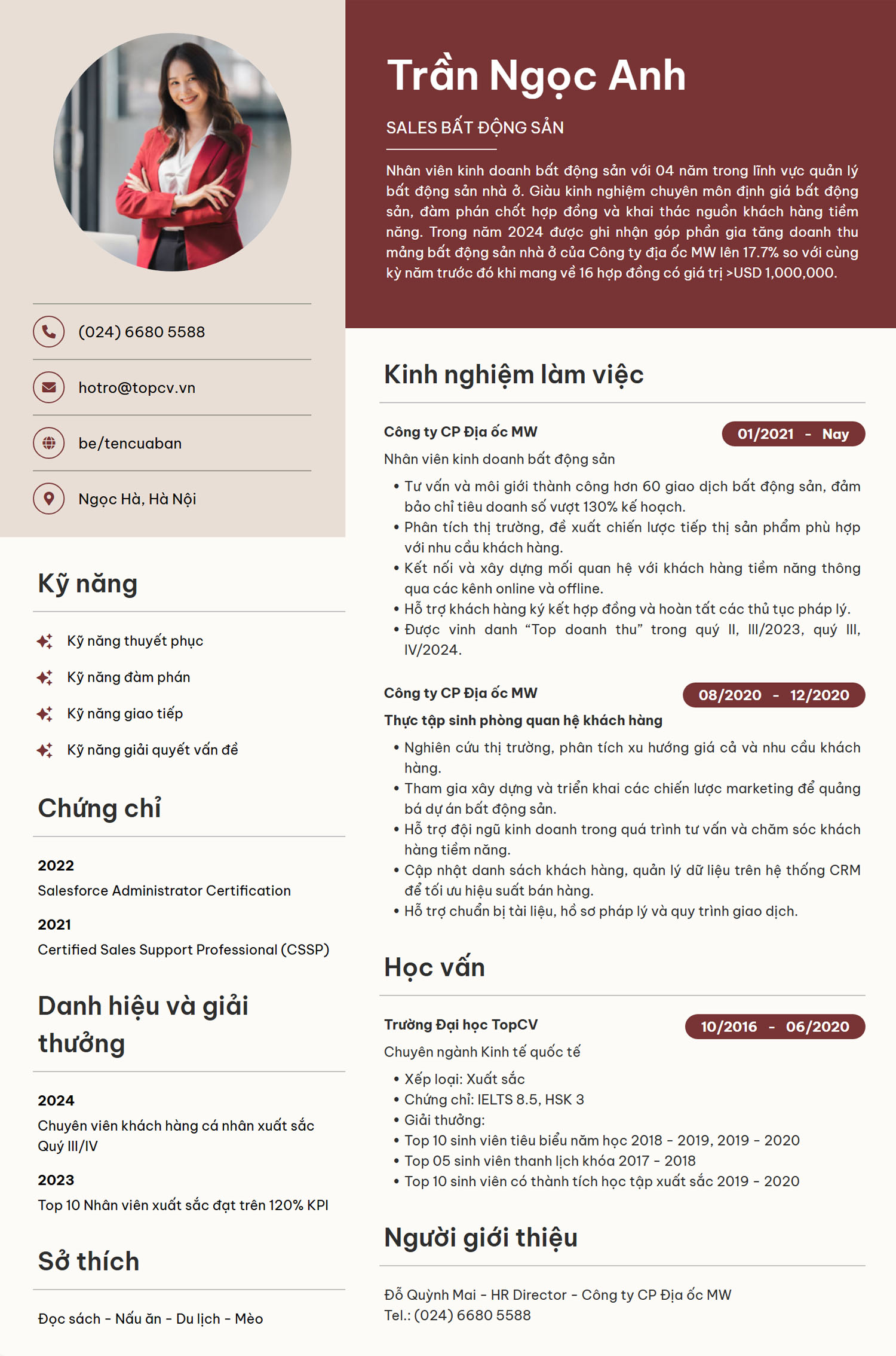 Mẫu CV Nhân viên kinh doanh bất động sản