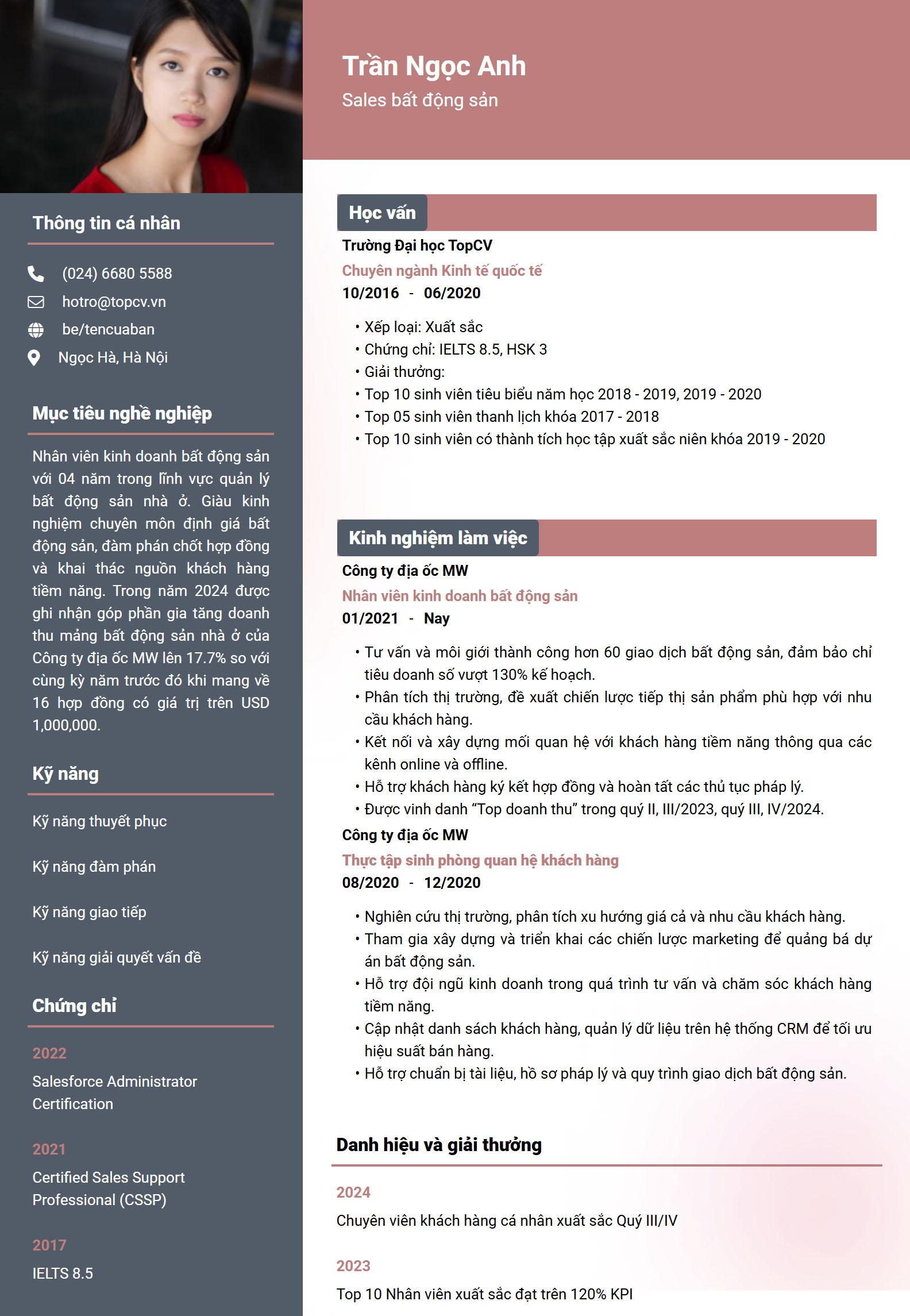 Mẫu CV Nhân viên kinh doanh bất động sản