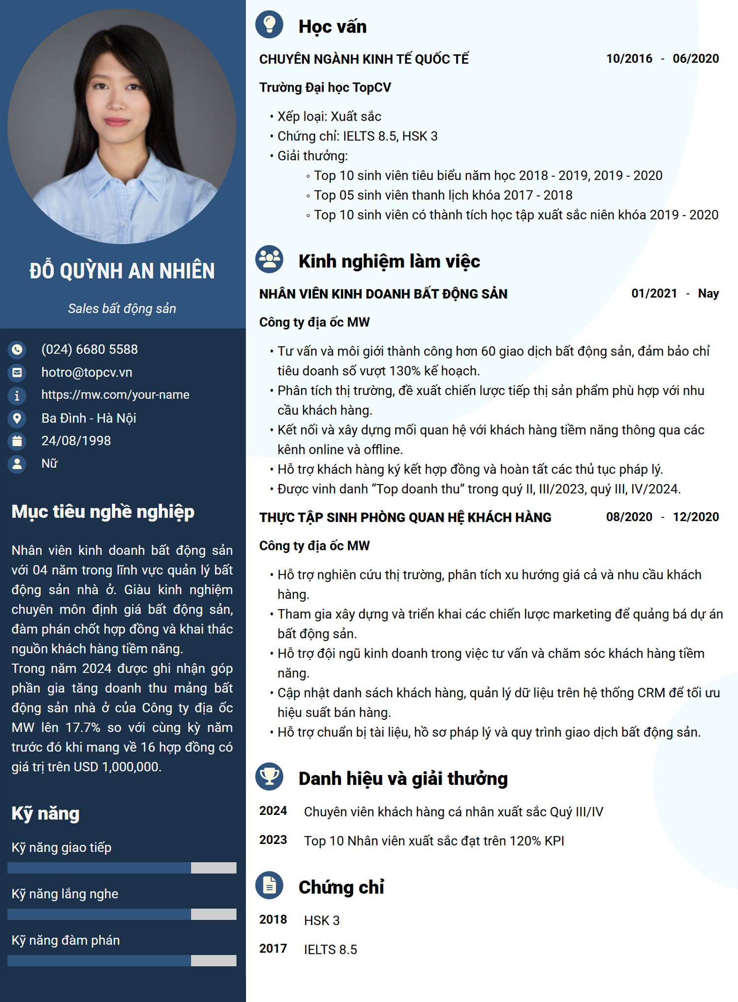 mẫu CV Nhân viên kinh doanh bất động sản