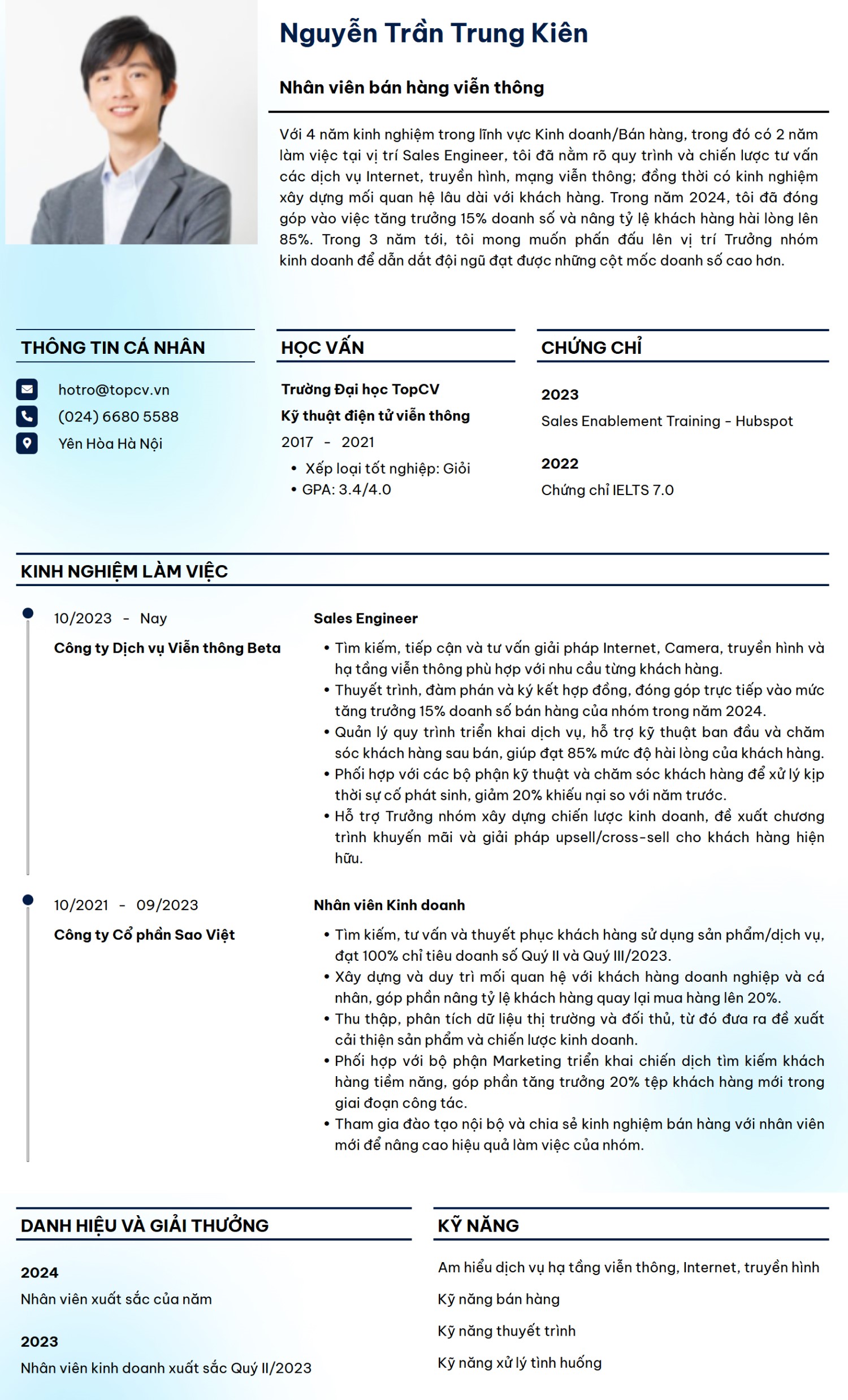 Mẫu Sales Engineer CV trong ngành Điện/Điện tử/Viễn thông
