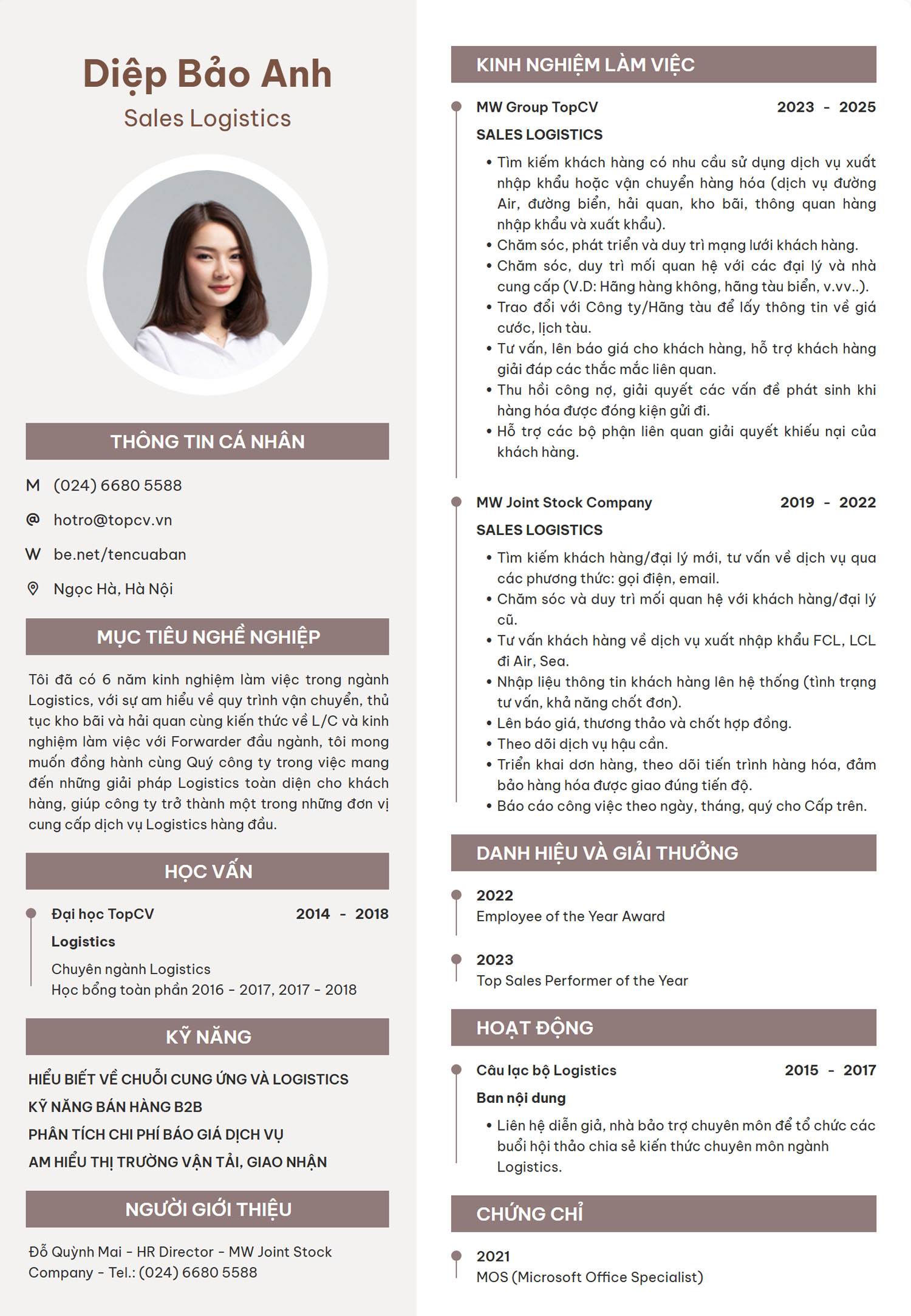 Mẫu CV Sales Logistics