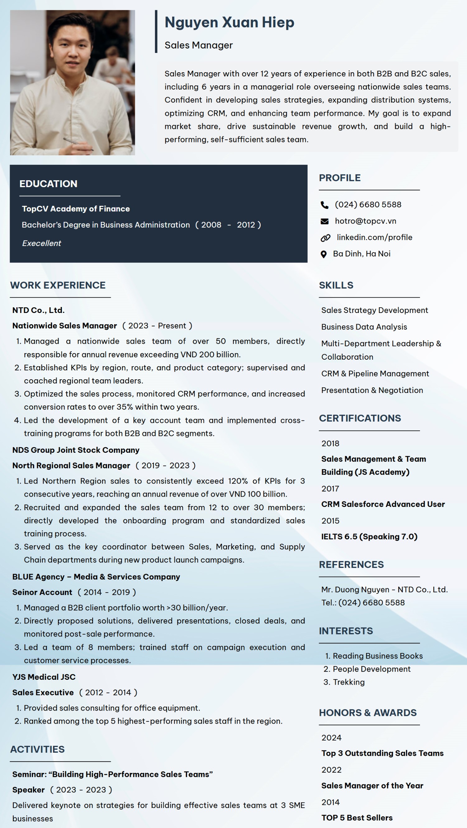 Mẫu CV Sales Manager tiếng Anh