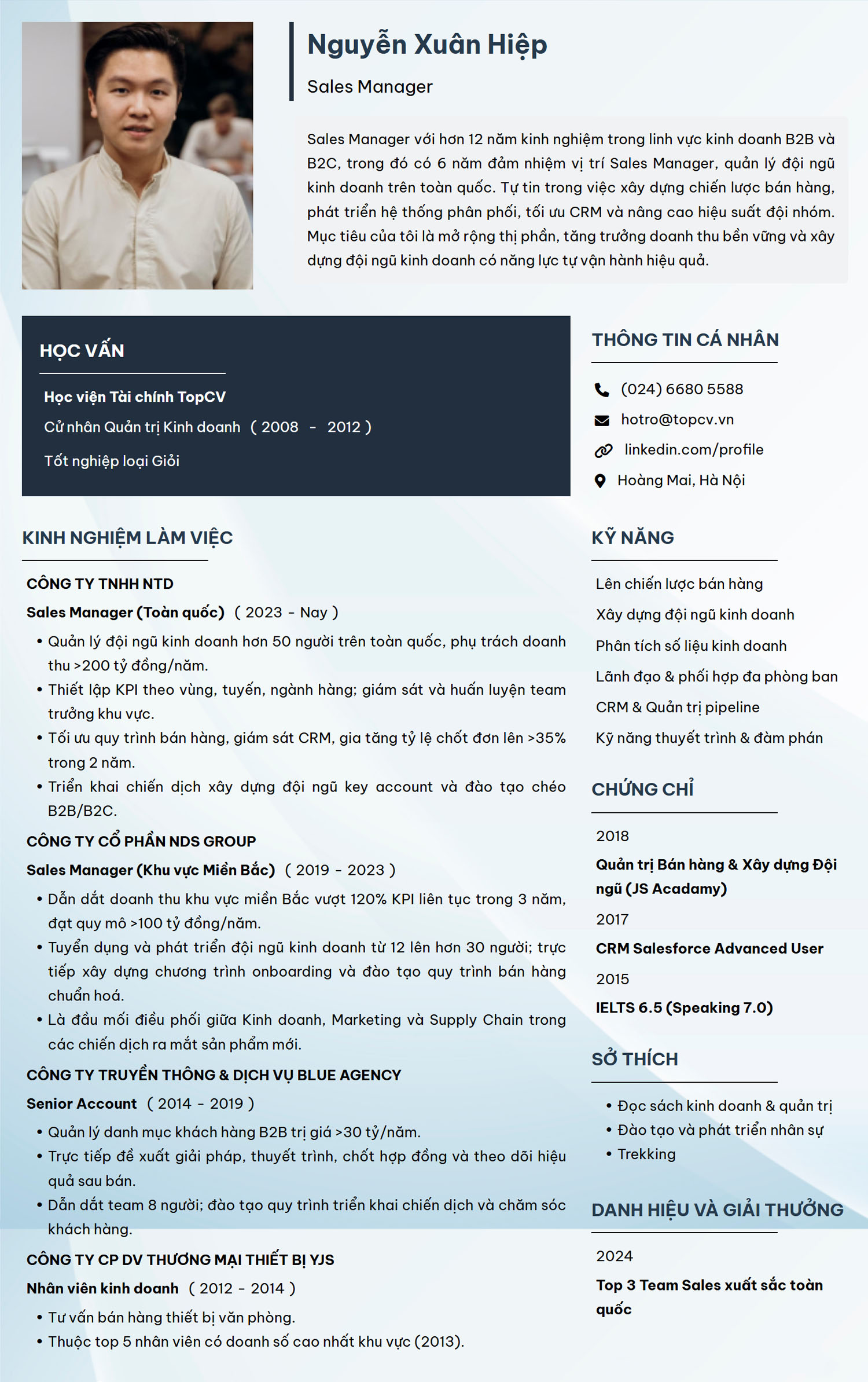 Tham khảo ví dụ mẫu CV Sales Manager