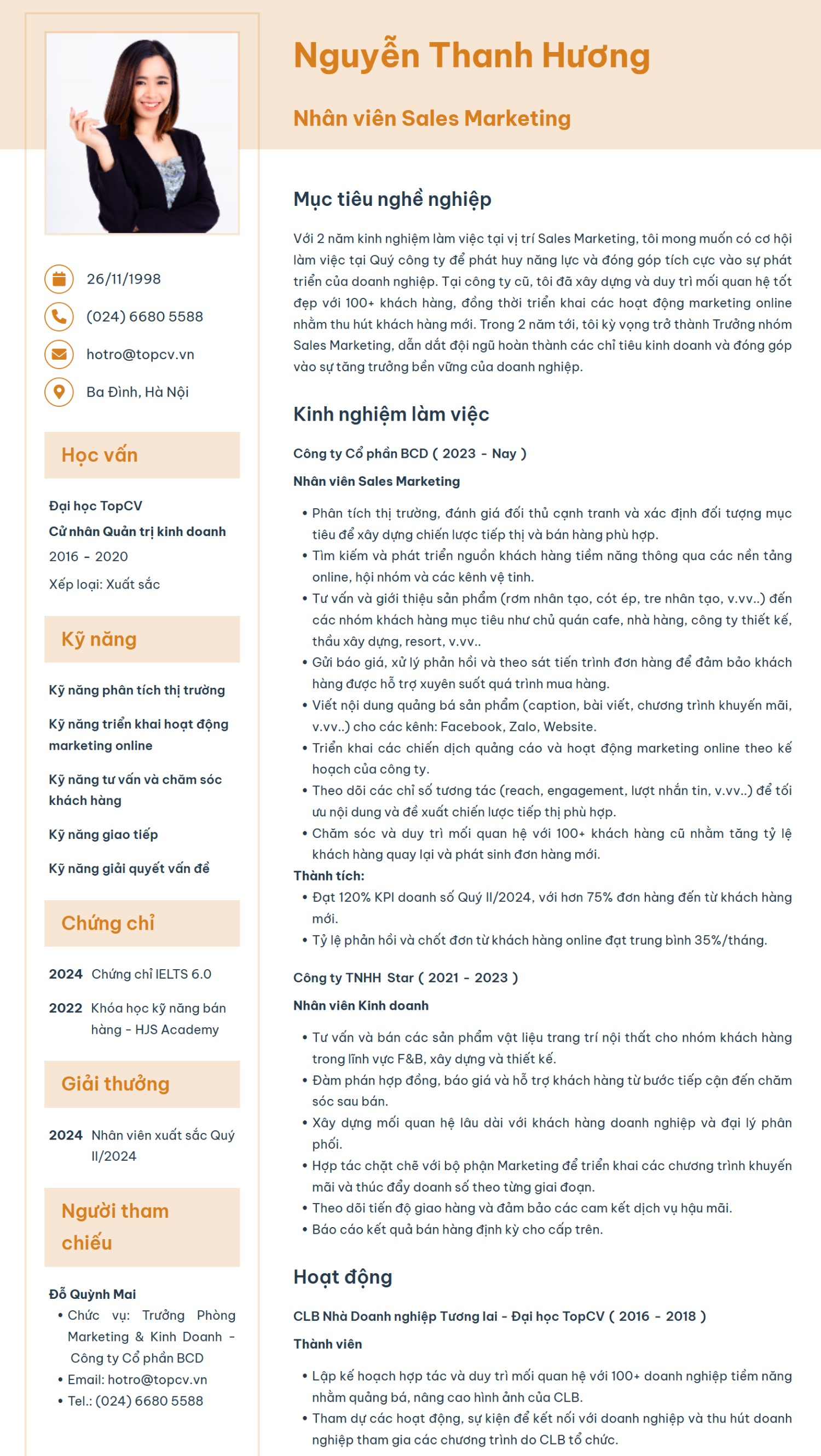 Mẫu CV Sales Marketing ấn tượng