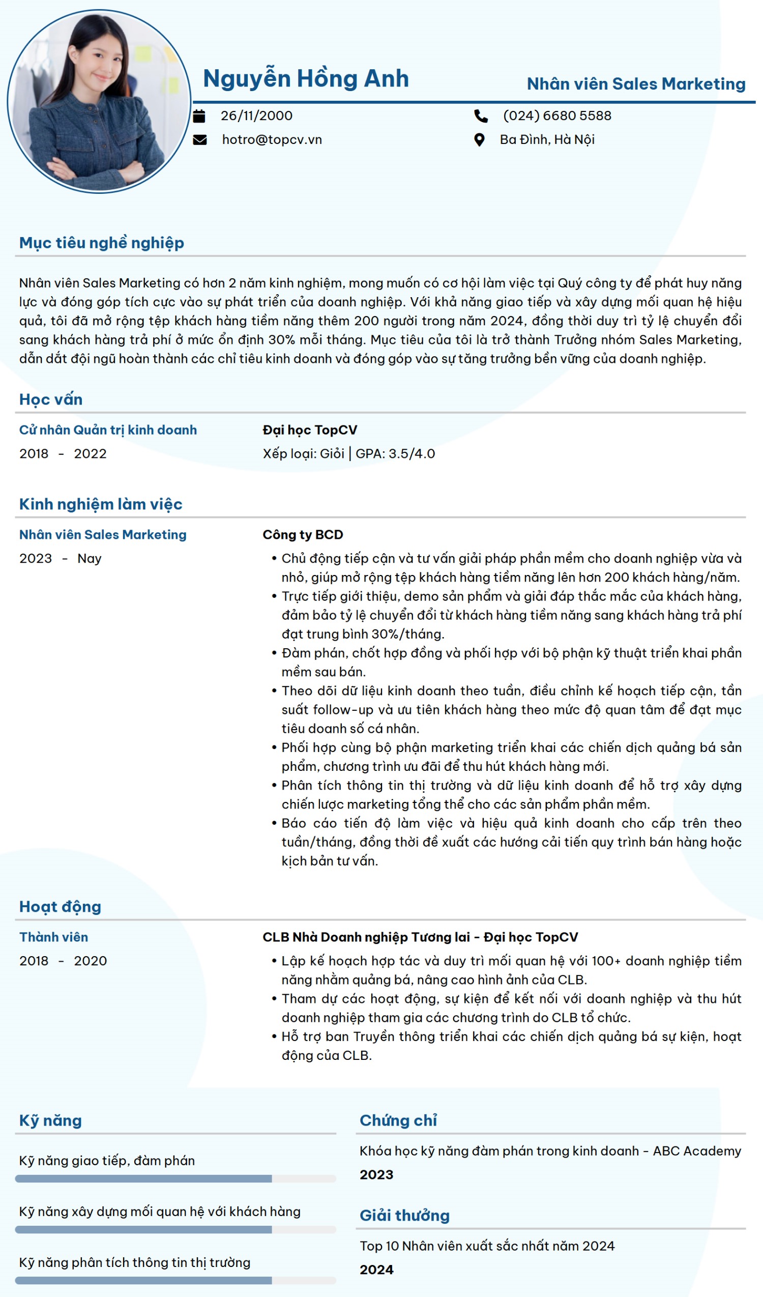 Mẫu CV Sales Marketing đơn giản