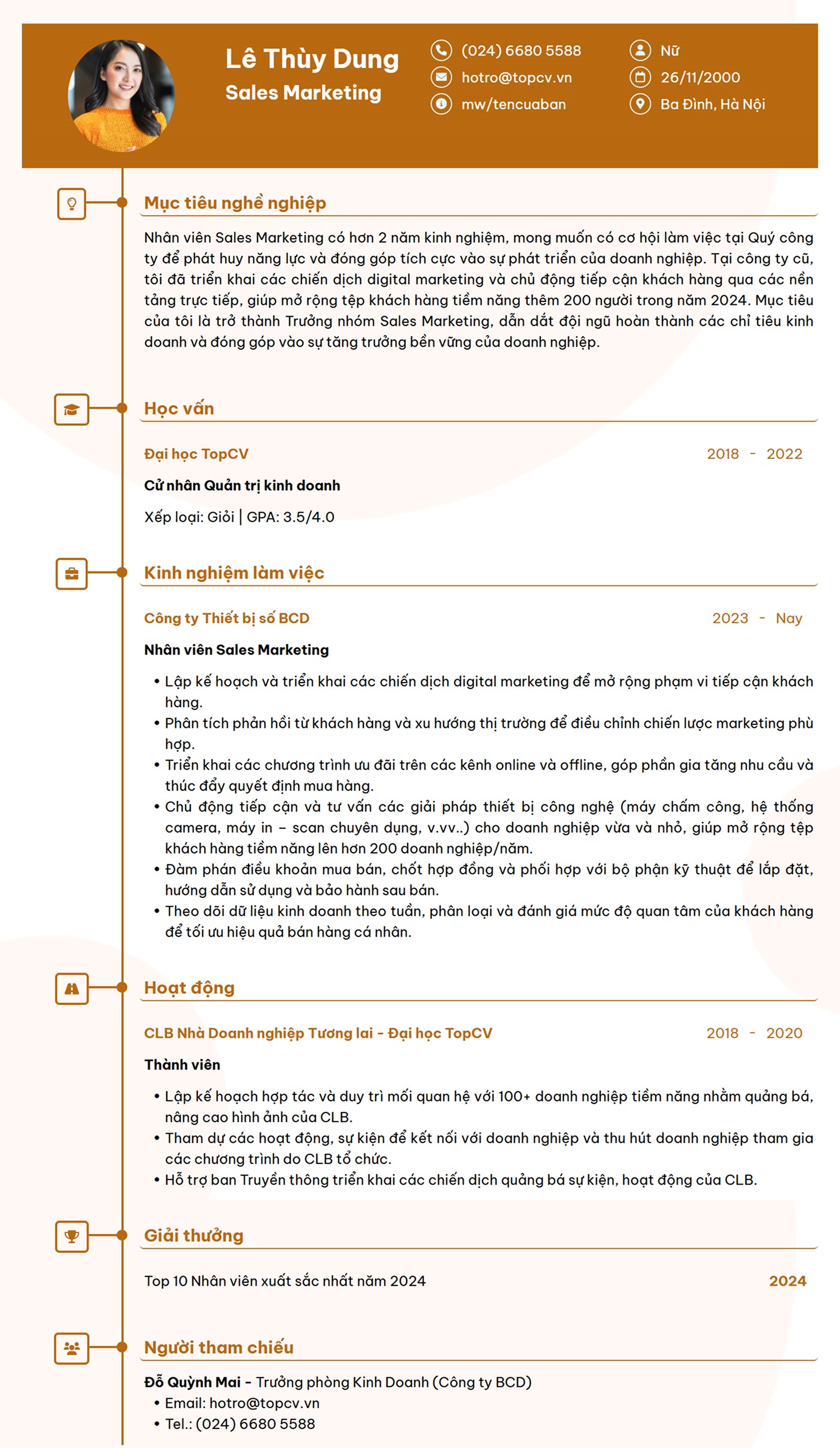 Mẫu CV Sales Marketing thanh lịch trên TopCV