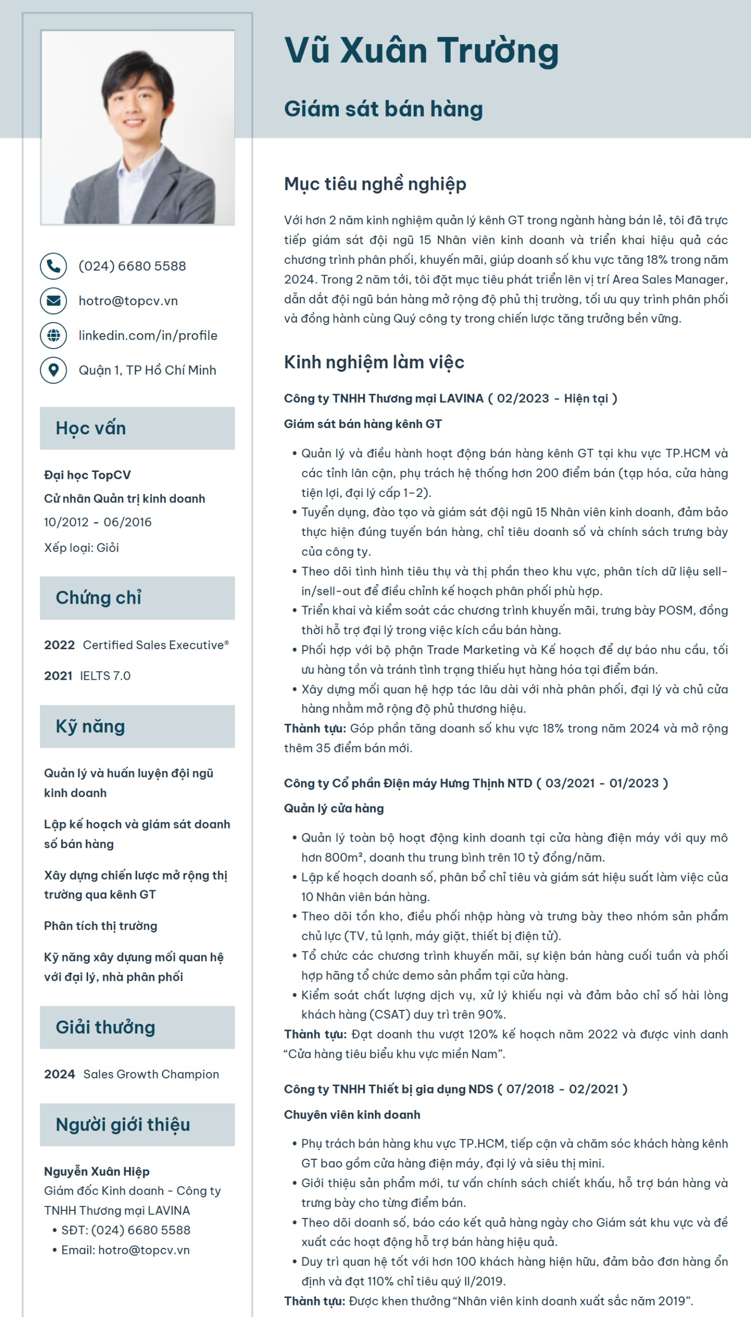 Mẫu CV Giám sát bán hàng ấn tượng