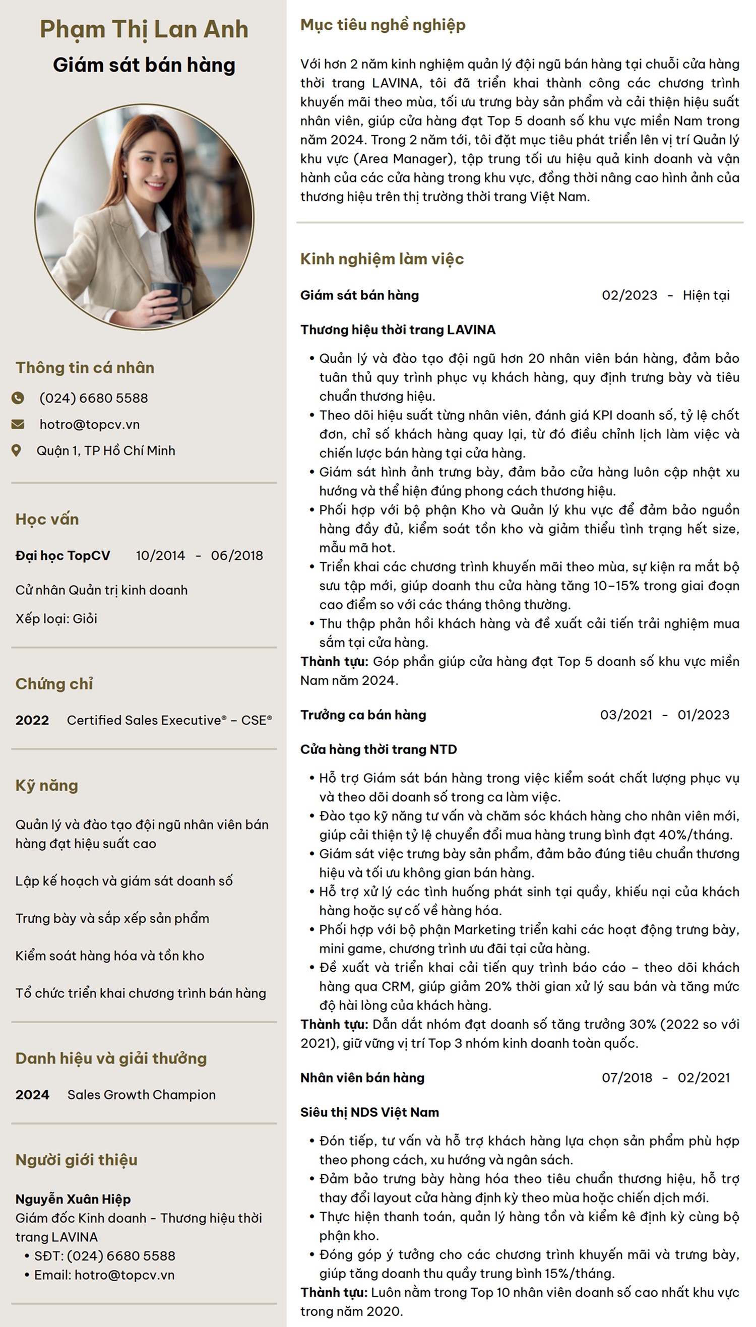 Mẫu CV Giám sát bán hàng đơn giản