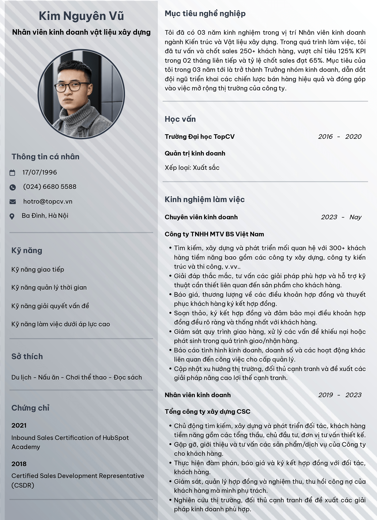 Tham khảo mẫu CV kinh doanh thiết bị vật liệu xây dựng