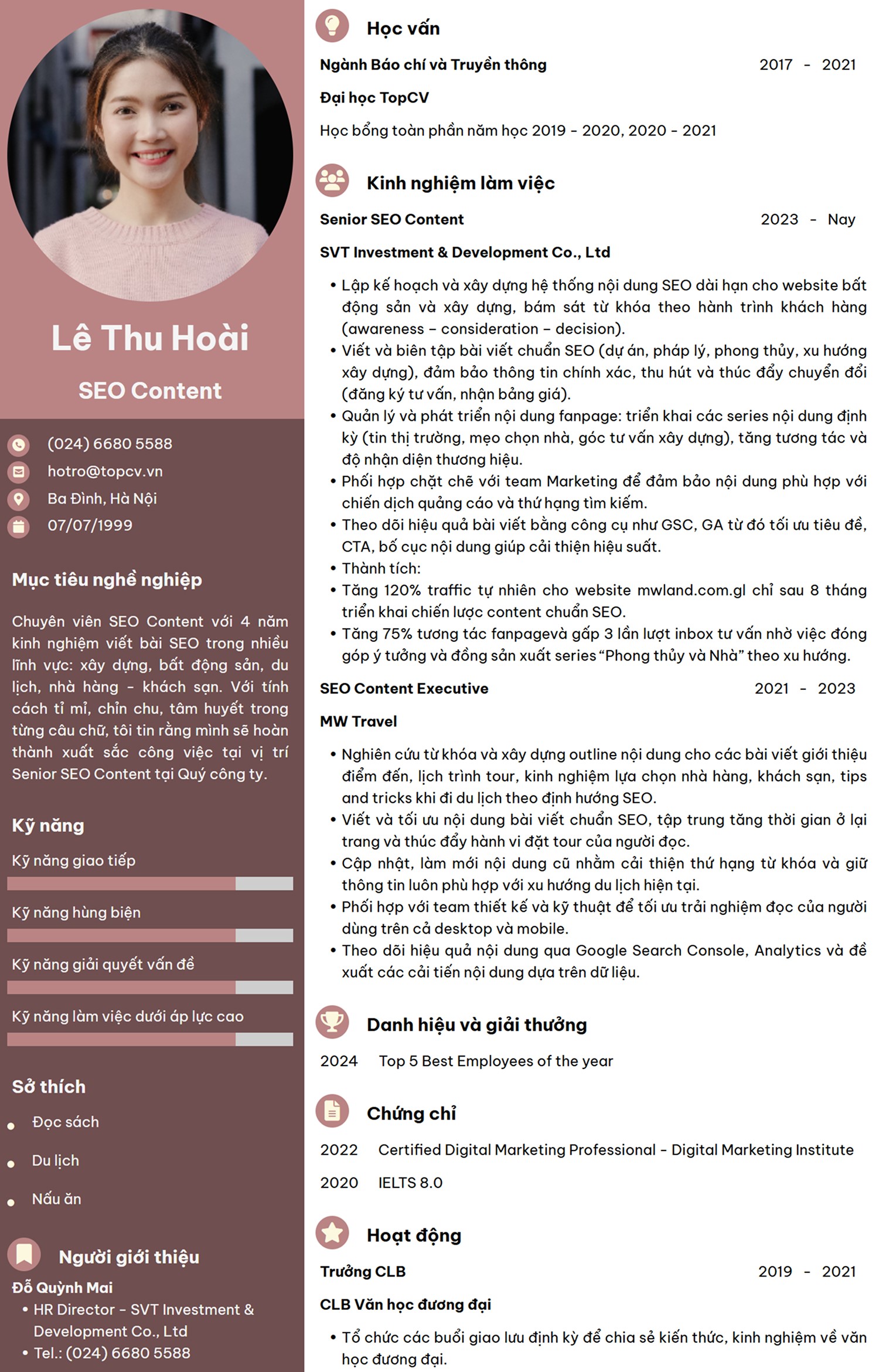 Mẫu CV SEO Content hiện đại