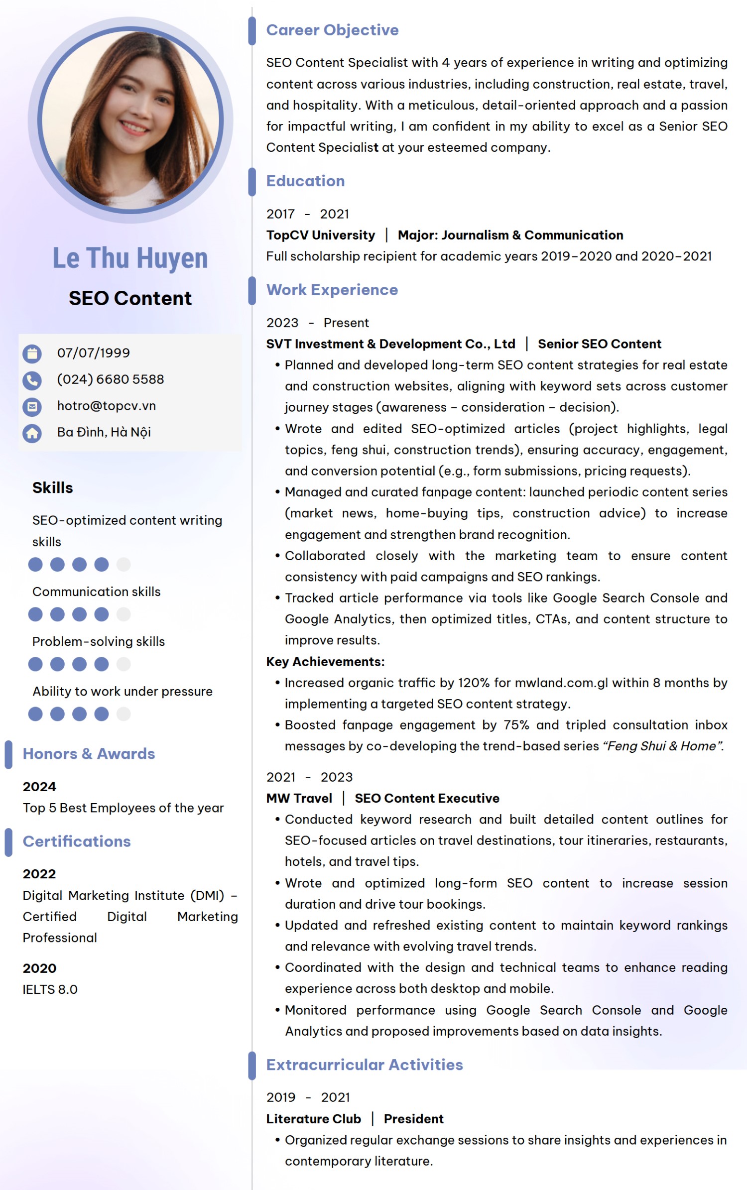 Mẫu CV SEO Content tiếng Anh
